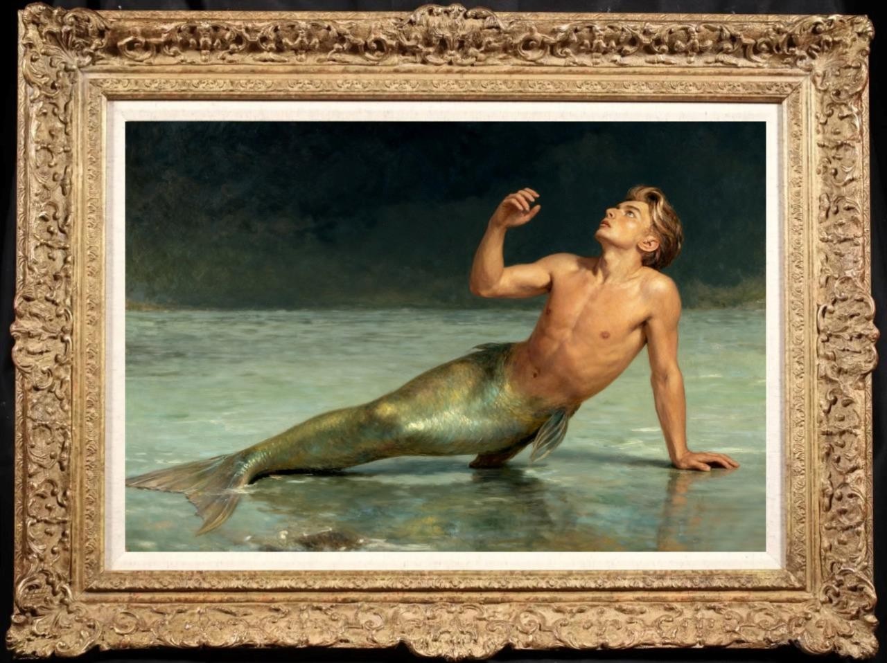 Hand painted Original Oil Painting art old male nude mermaid on Canvas 24\