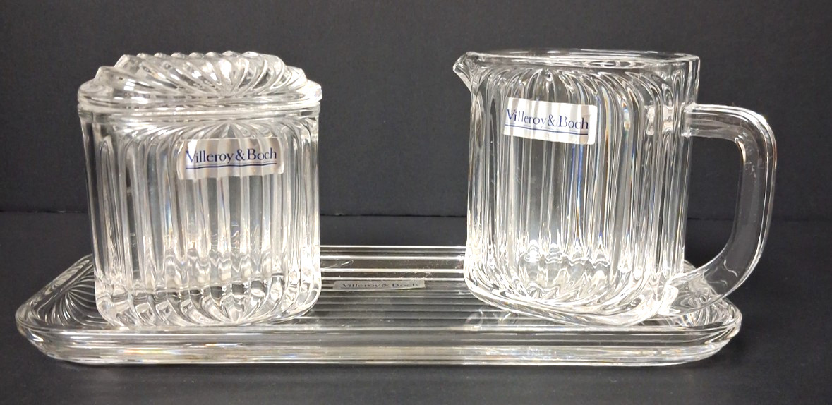 NEW Vintage Villeroy & Boch Quadra Crystal Creamer Sugar Lid Tray 4 Pc Set