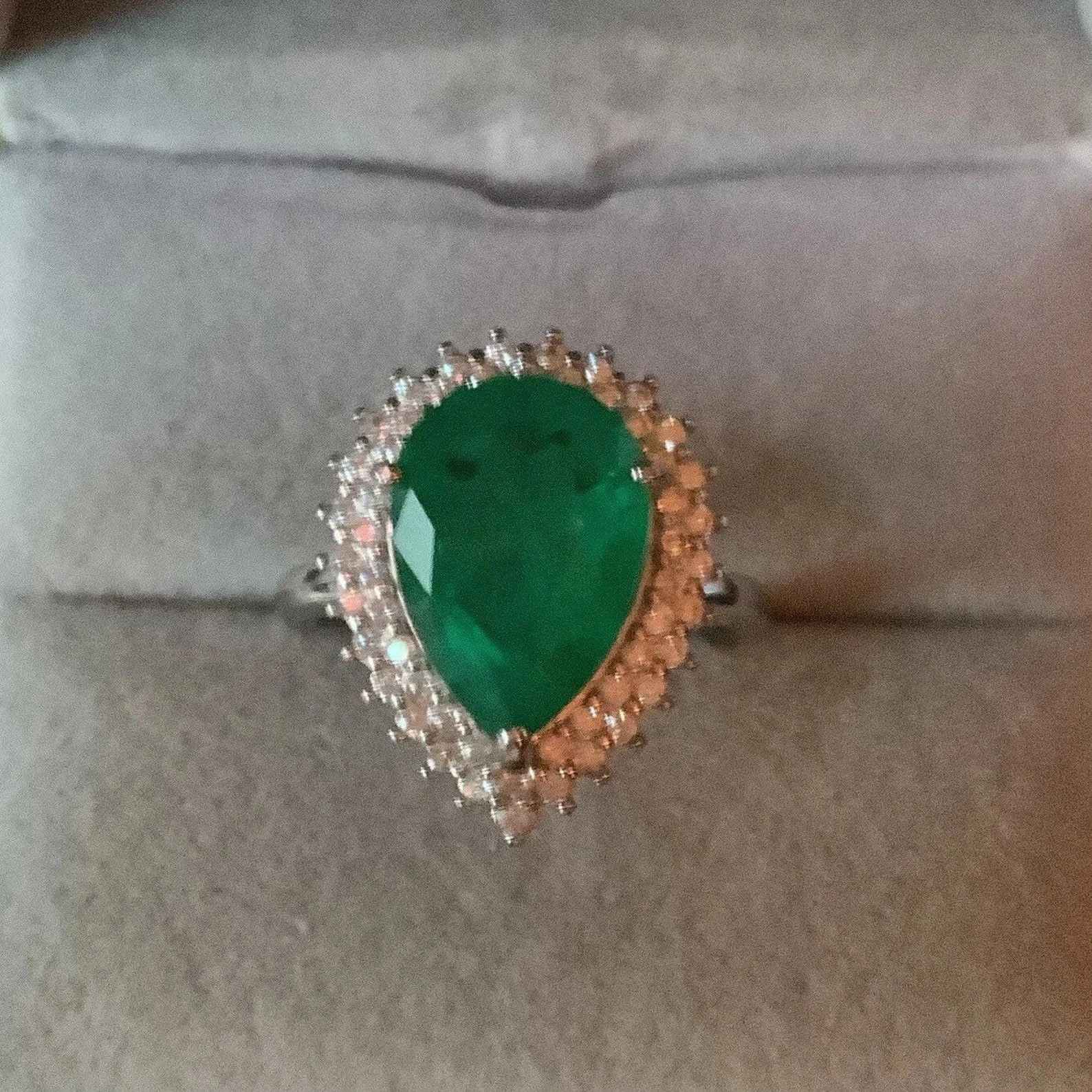 4.65 Ct Pear Cut Natural Emerald & Diamond Ring 14K Solid White Gold Size