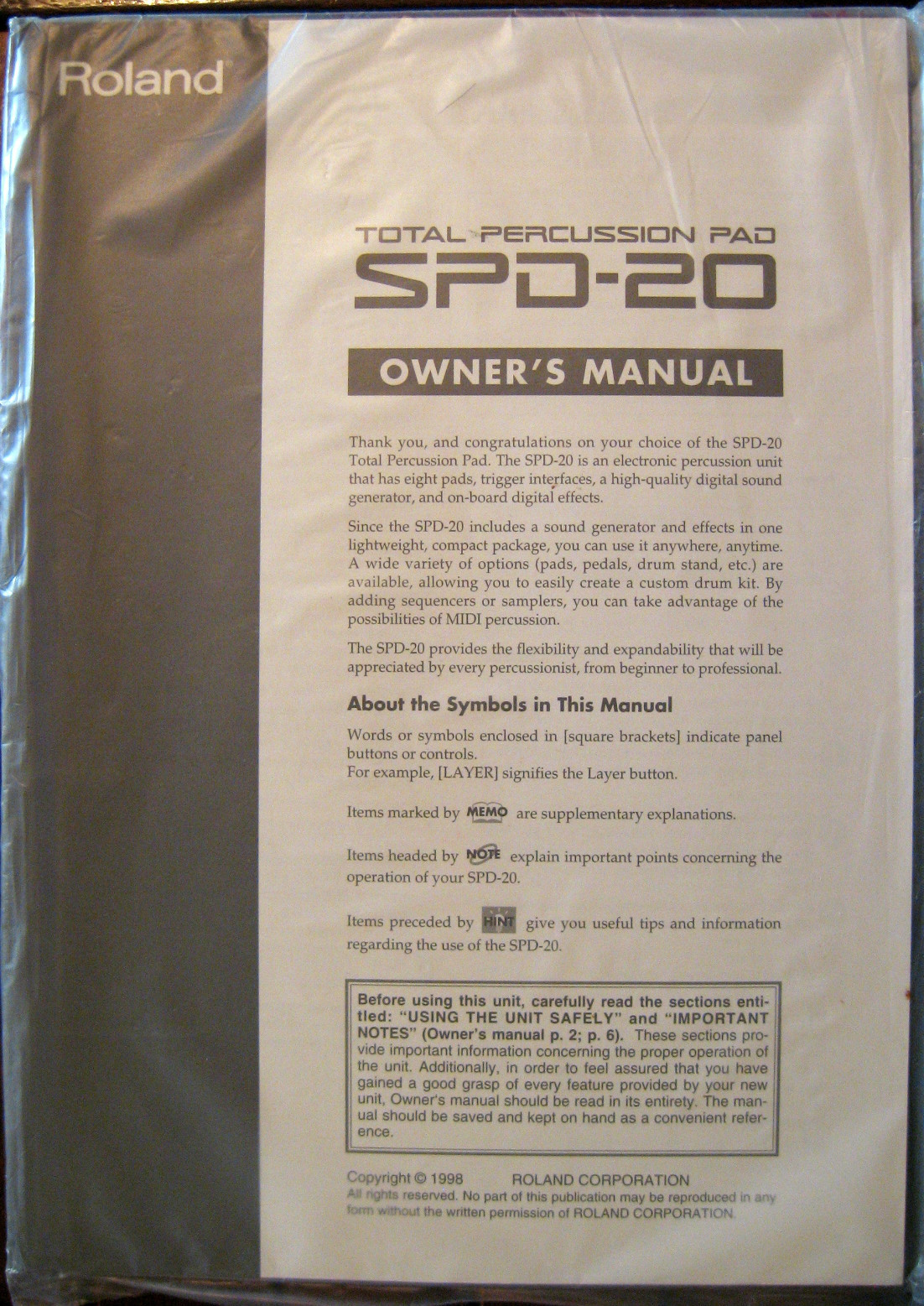 Roland SPD-20 Drum Percussion Midi Pads Original Owner\'s Manual Booklet New Cond
