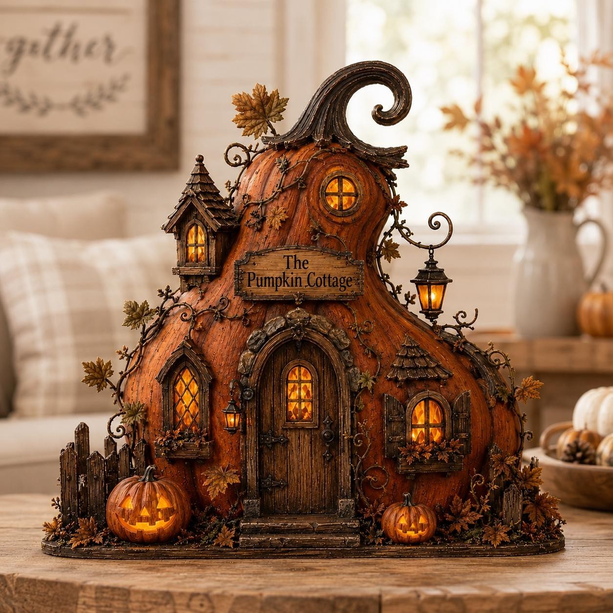 Custom Pumpkin Cottage Wooden Block, Halloween House Decor, Rustic Fall Tabletop