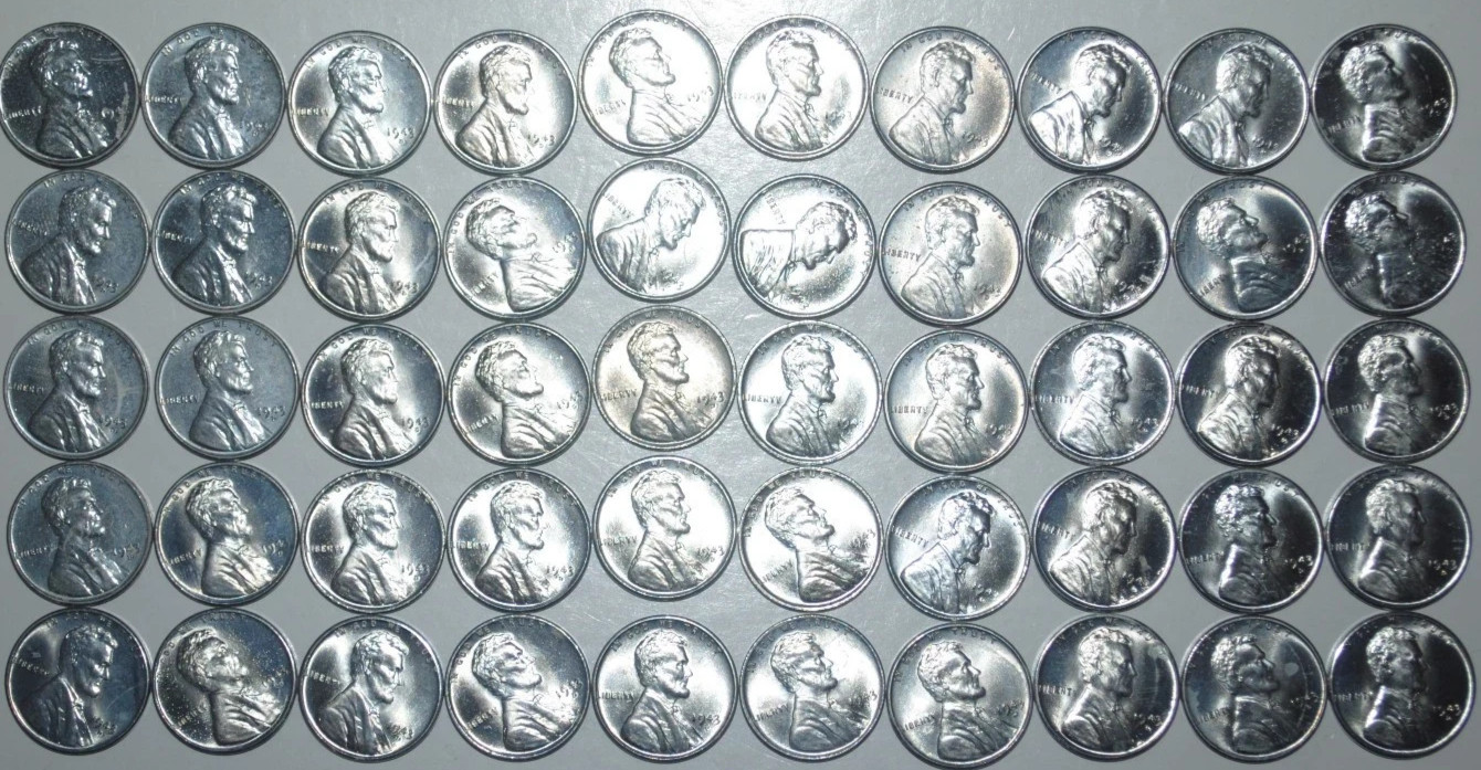 RARE UNC./CHOICE BU 1943-D STEEL PENNY ROLL (50) COINS EXCEPTIONALLY NICE SHINY