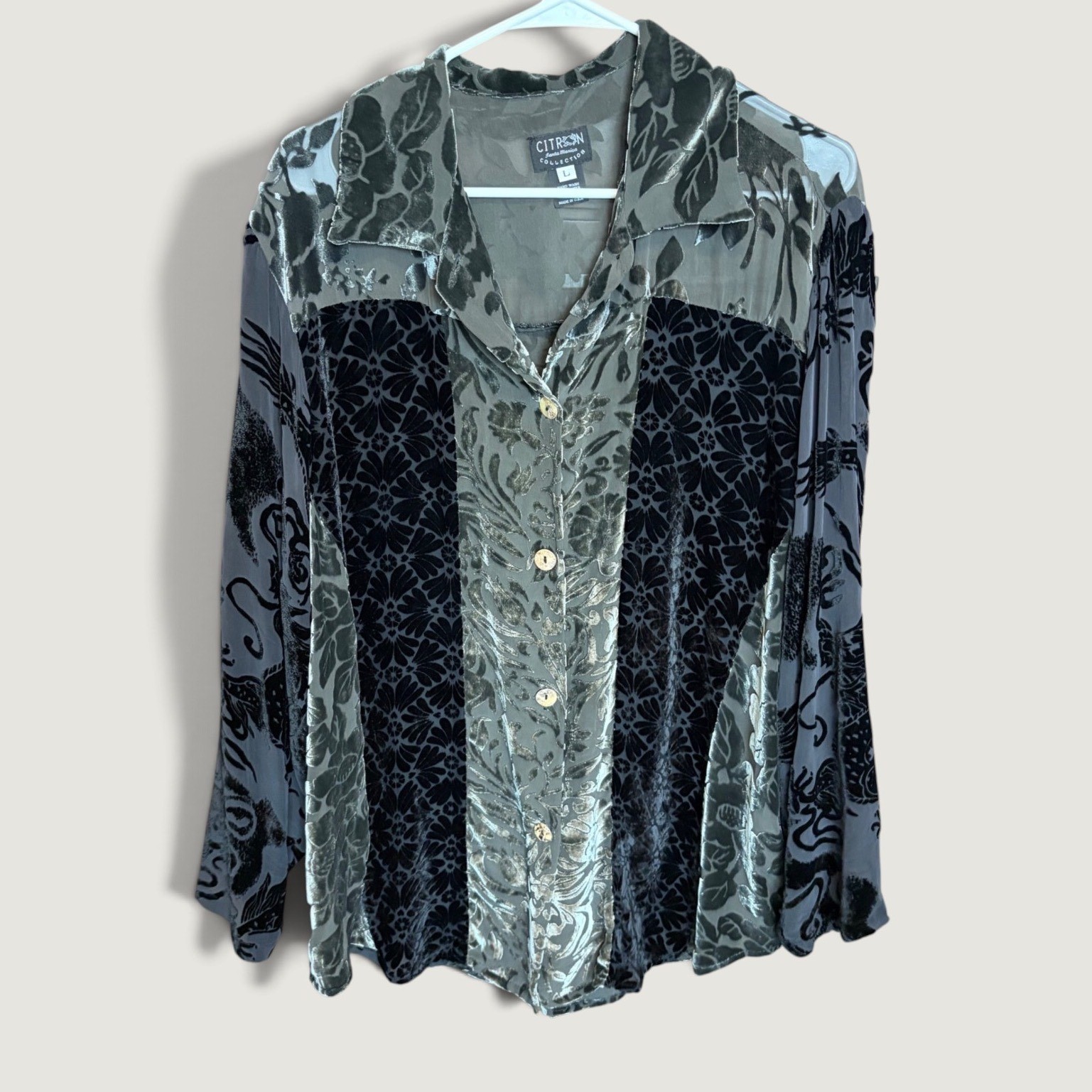 VTG Y2K L Citron Santa Monica Whimsigoth Burnout Velvet Silk Blend Floral Blouse