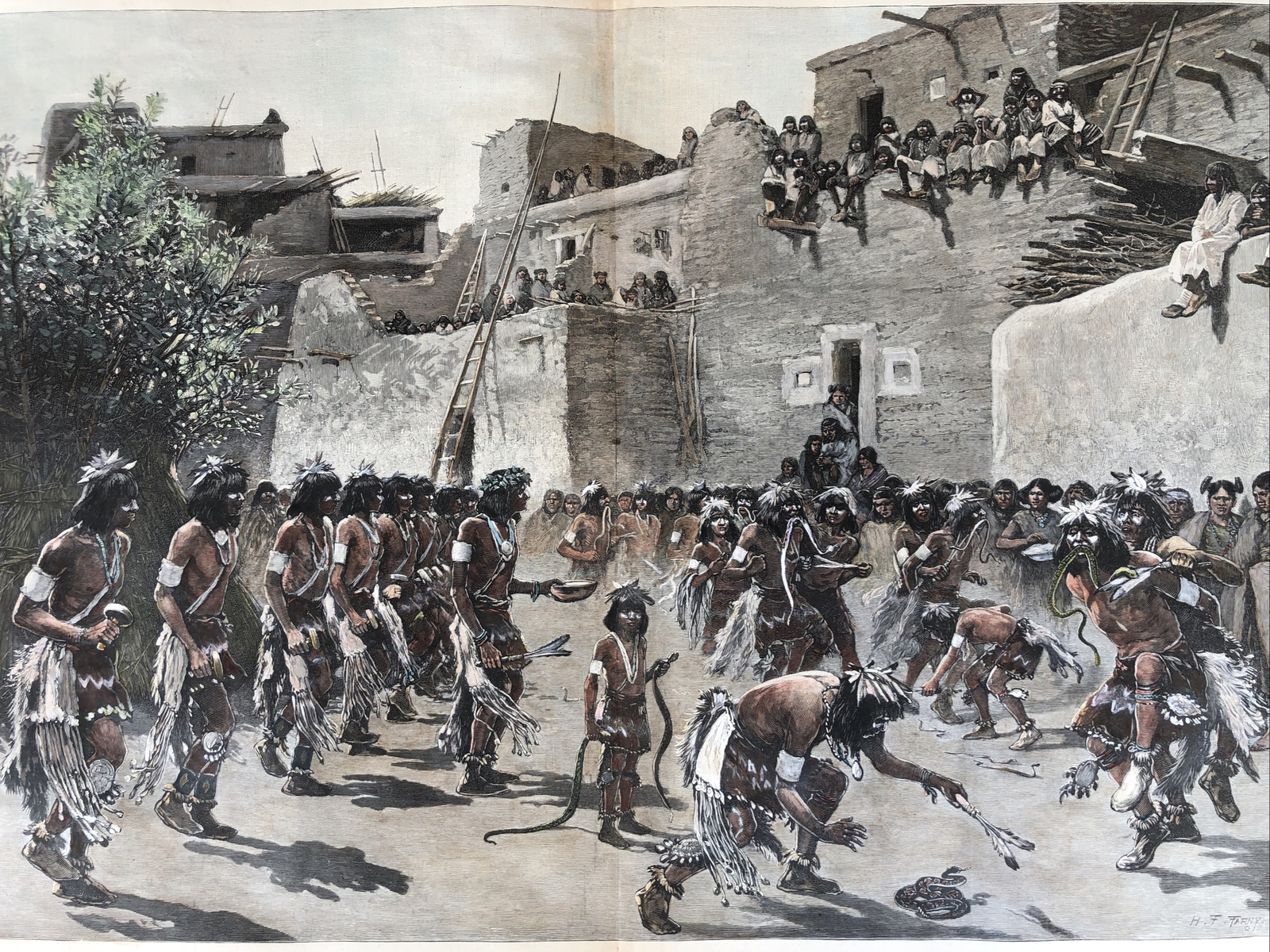 THE SNAKE DANCE OF THE MOQUI INDIANS HARPER’S WEEKLY HAND COLORED INDIAN WAR