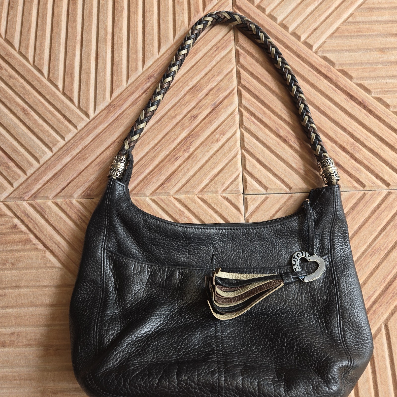 Brighton Barbados Pebbled Leather Shoulder Bag Braided Strap Tassel Y2K Black Brighton Barbados Pebbled Leather Shoulder Bag Braided Strap Tassel Y2K Black