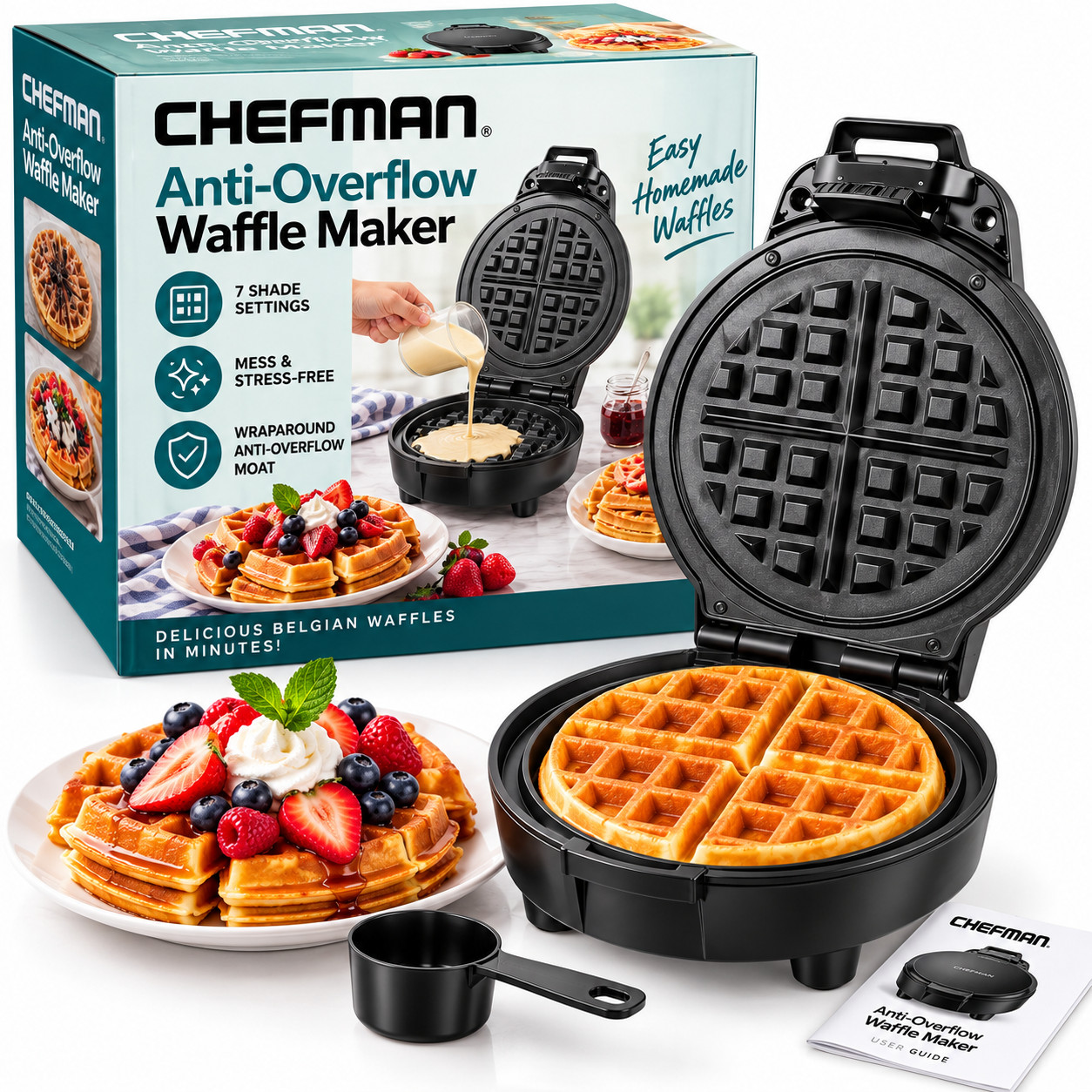 Chefman Anti-Overflow Belgian Waffle Maker 7 Shade Settings Nonstick Easy Clean 