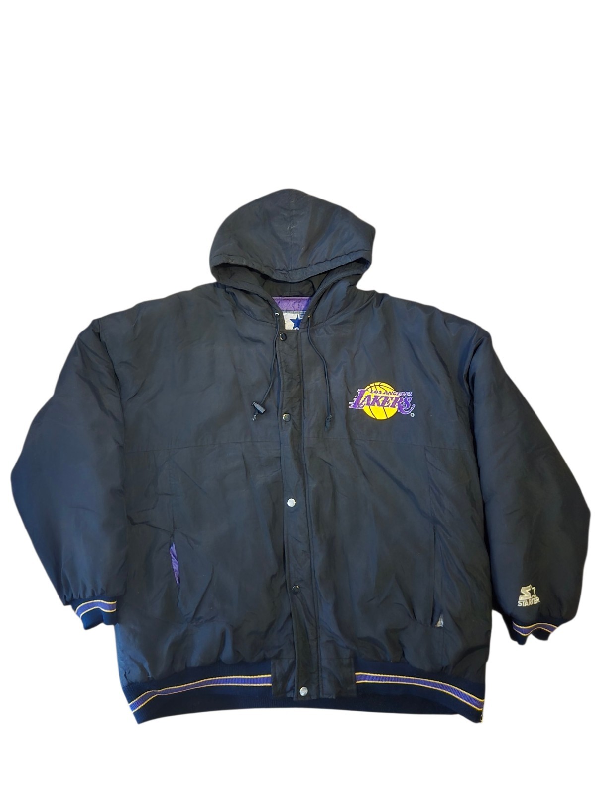 Vintage 90s NBA Starter Los Angeles LA Lakers Hooded Jacket Coat XL Distressed 