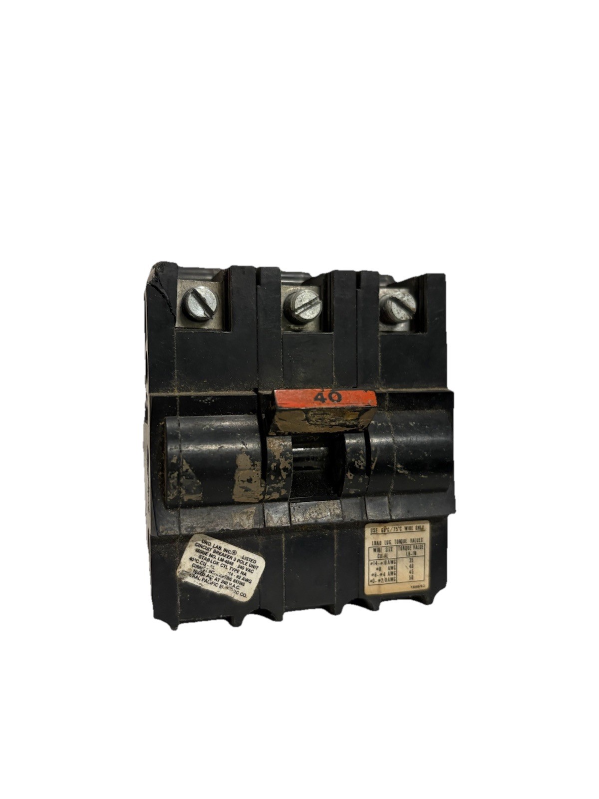 Federal Pacific FPE Stab-Lok NA340 40A 3-Pole 240V Circuit Breaker - Flawed