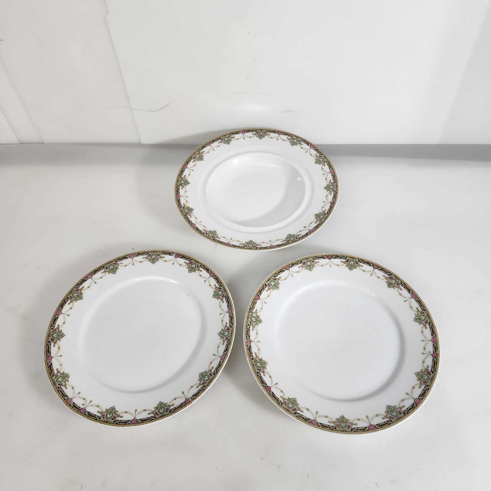 UC Limoges France Plate Bowl Lot of 3 Pink Flower Green Gold Rim Discontinued UC Limoges France Plate Bowl Lot of 3 Pink Flower Green Gold Rim Discontinued