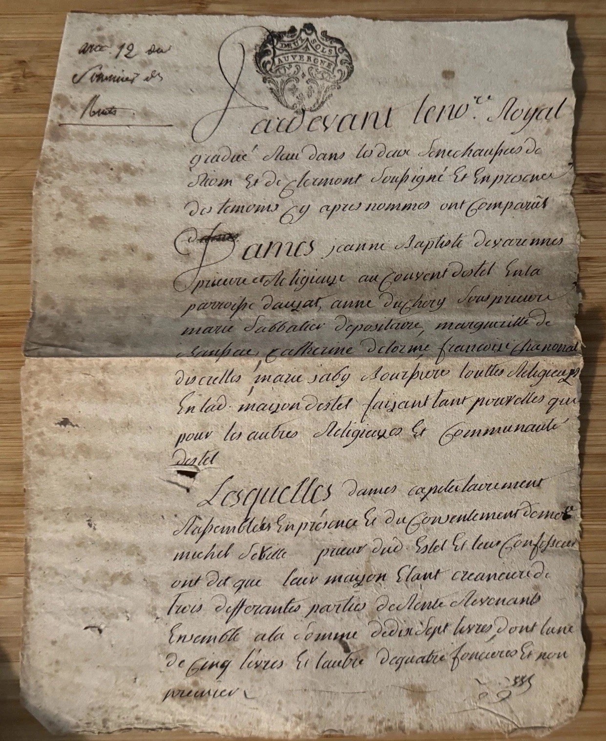1760c French Royal Manuscript Auvergne Heraldic Fiscal Stamp Religious Legal