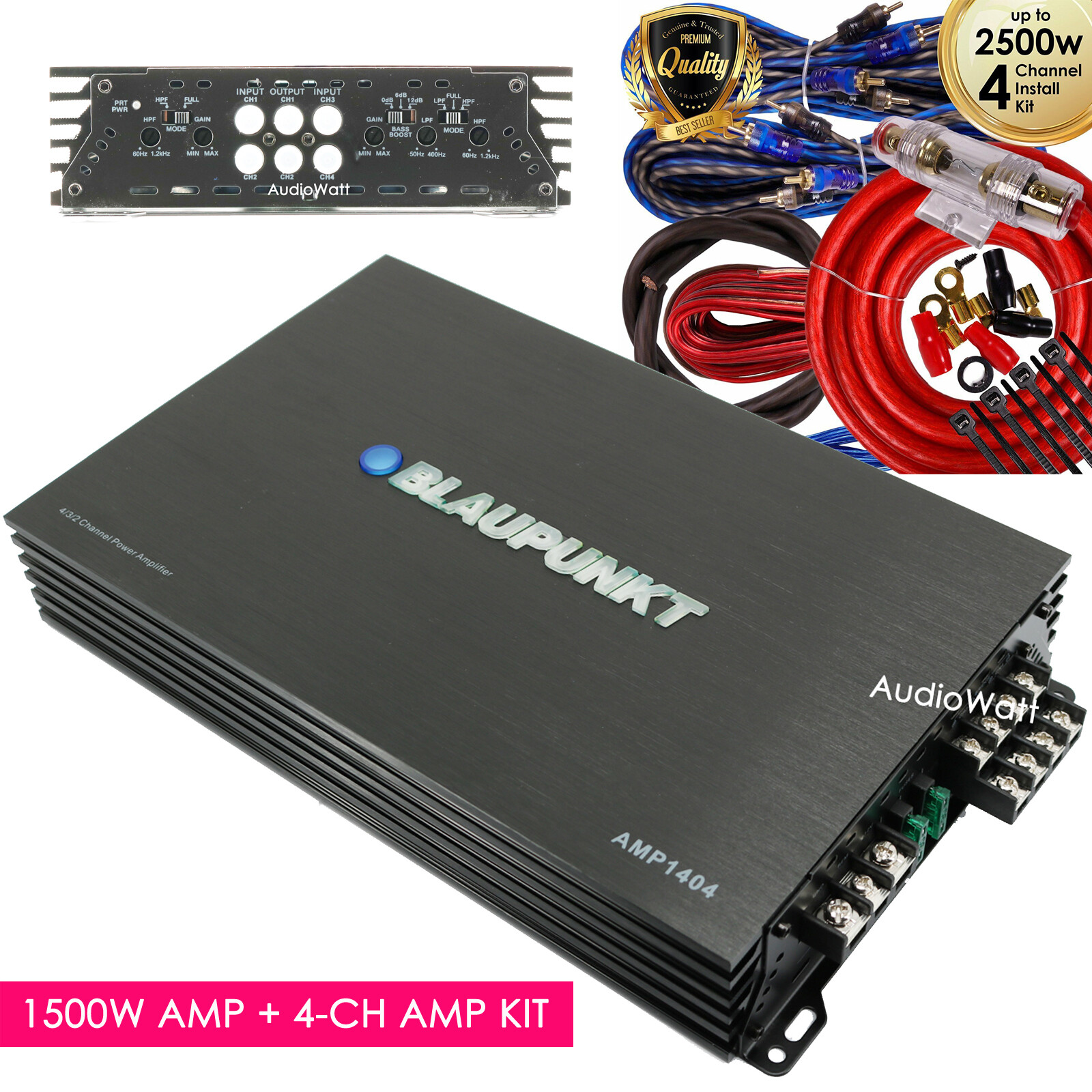Blaupunkt AMP1404 Car Audio 4-Channel Amp Amplifier 1500 Watts + 4-Ch Amp Kit