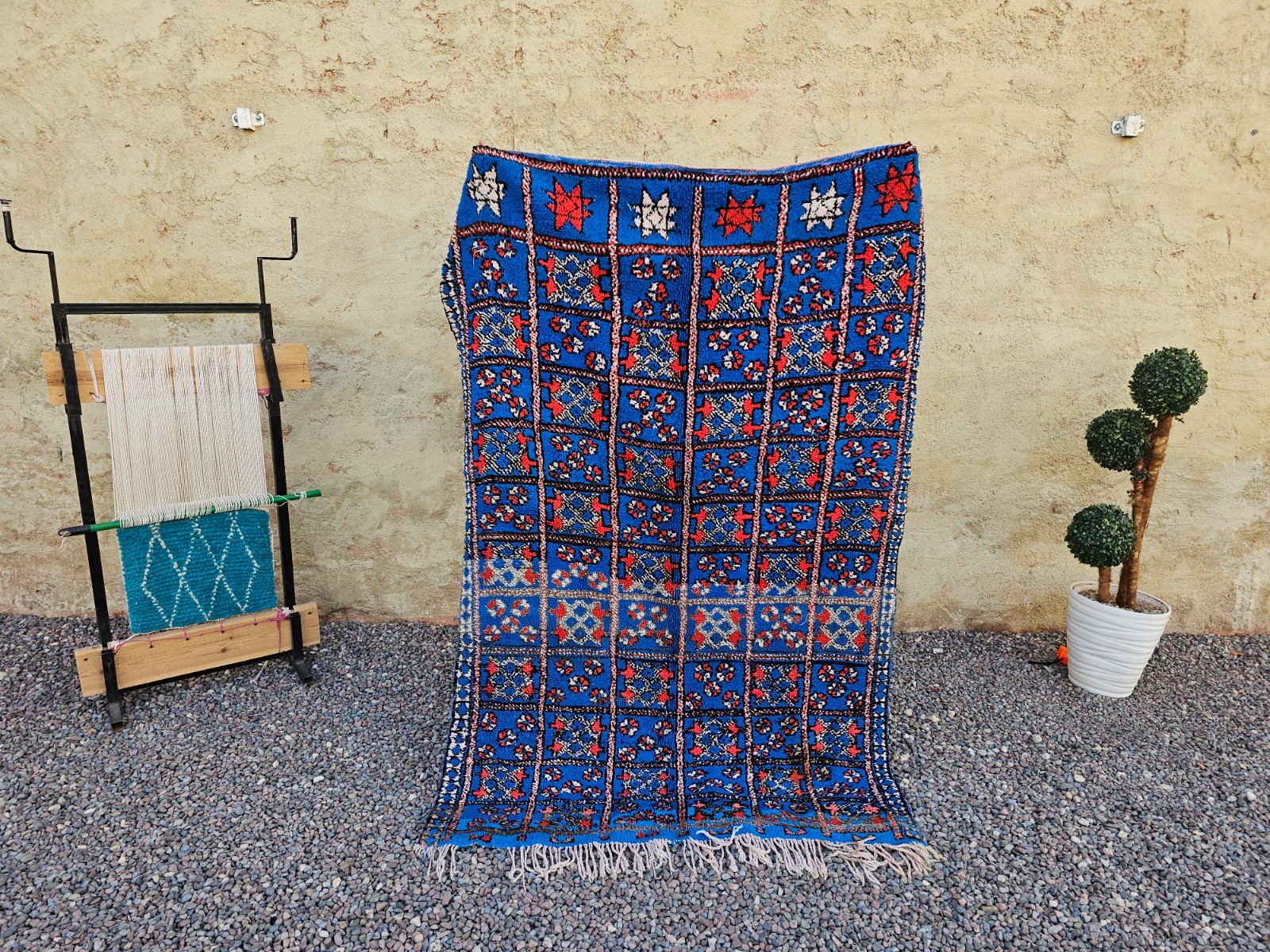 Vintage Moroccan Boujaad Rug 190x133cm Electric Blue Red Grid Berber Carpet Vintage Moroccan Boujaad Rug 190x133cm Electric Blue Red Grid Berber Carpet