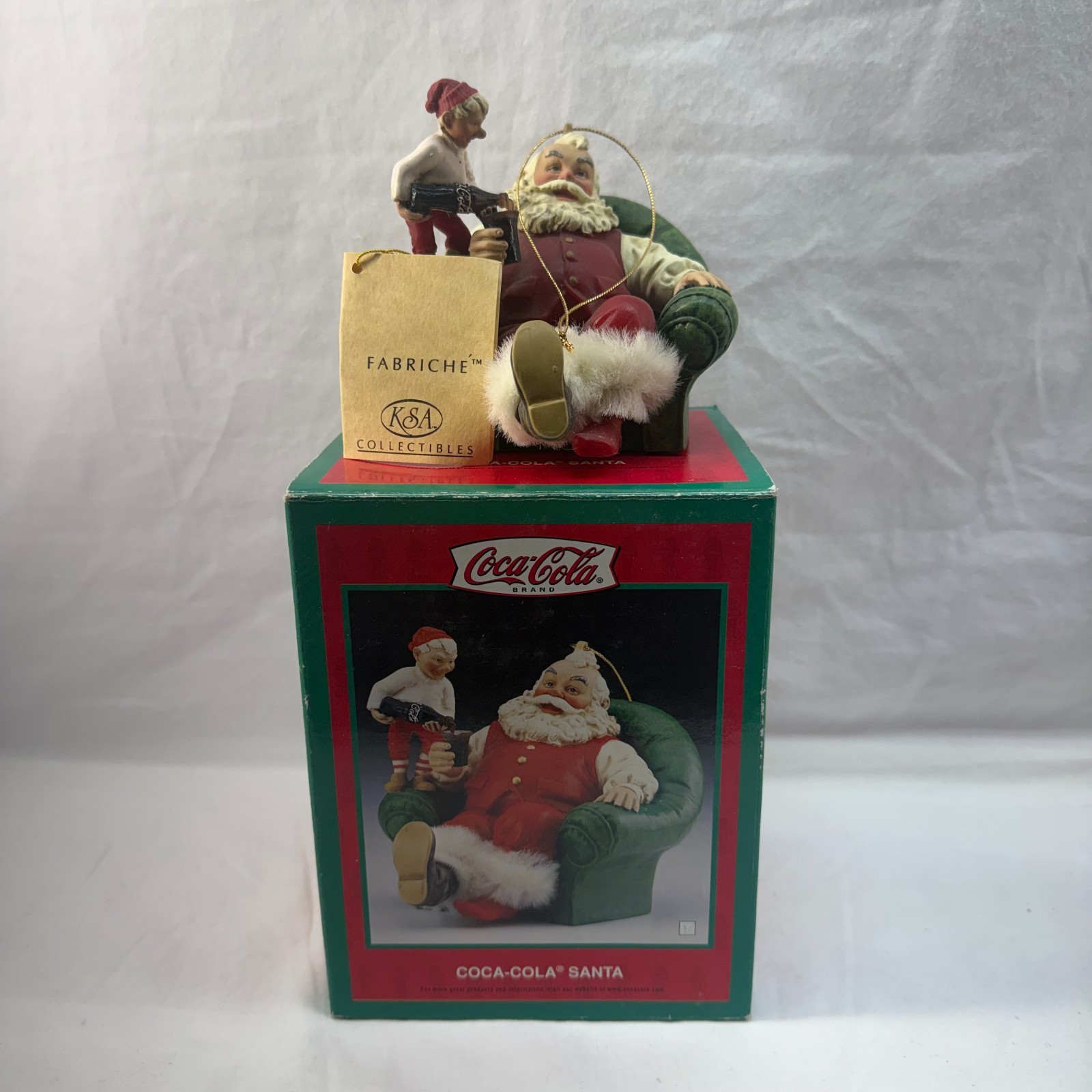 Vintage Kurt Adler Fabriche Coca Cola Santa in Green Chair Ornament Box Tag
