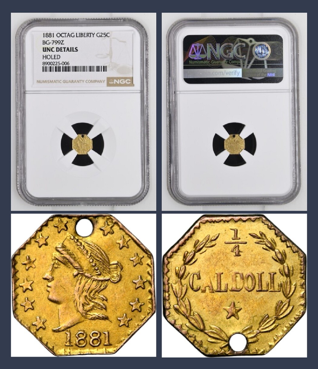 RARE HR7 - 1881 G25C California Fractional Gold, BG-799Z NGC UNC, 1/4 CAL DOLL