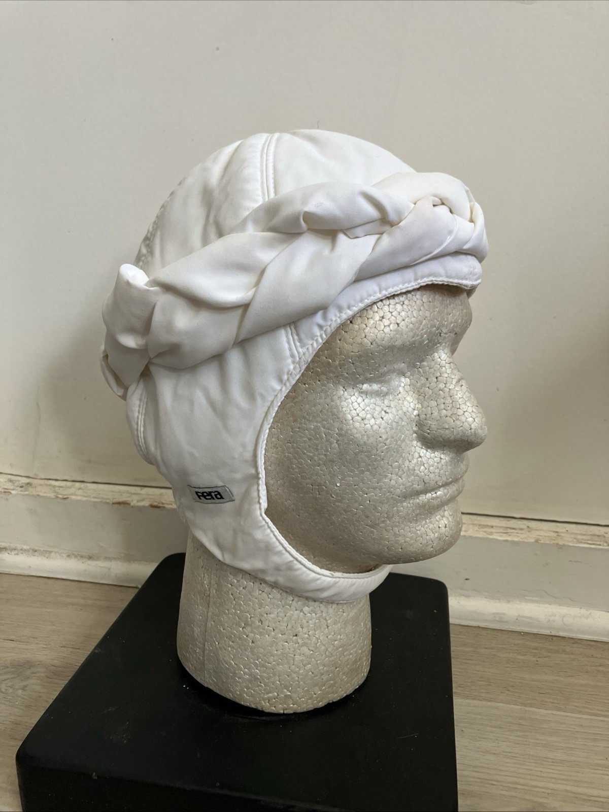 Fera Vintage White Ski Hat Cap Braided Ear Flaps Made in Hong Kong