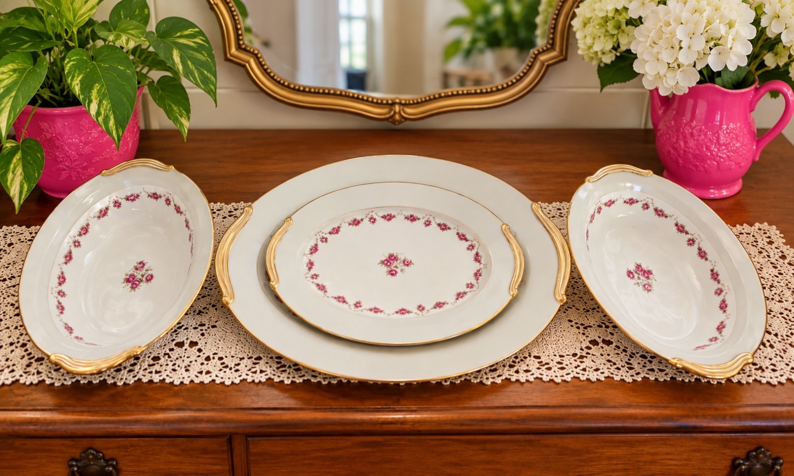 Vintage Noritake Glenrose 5206 Oval Serving Platters & Bowls Pink Floral Set -4 Vintage Noritake Glenrose 5206 Oval Serving Platters & Bowls Pink Floral Set -4