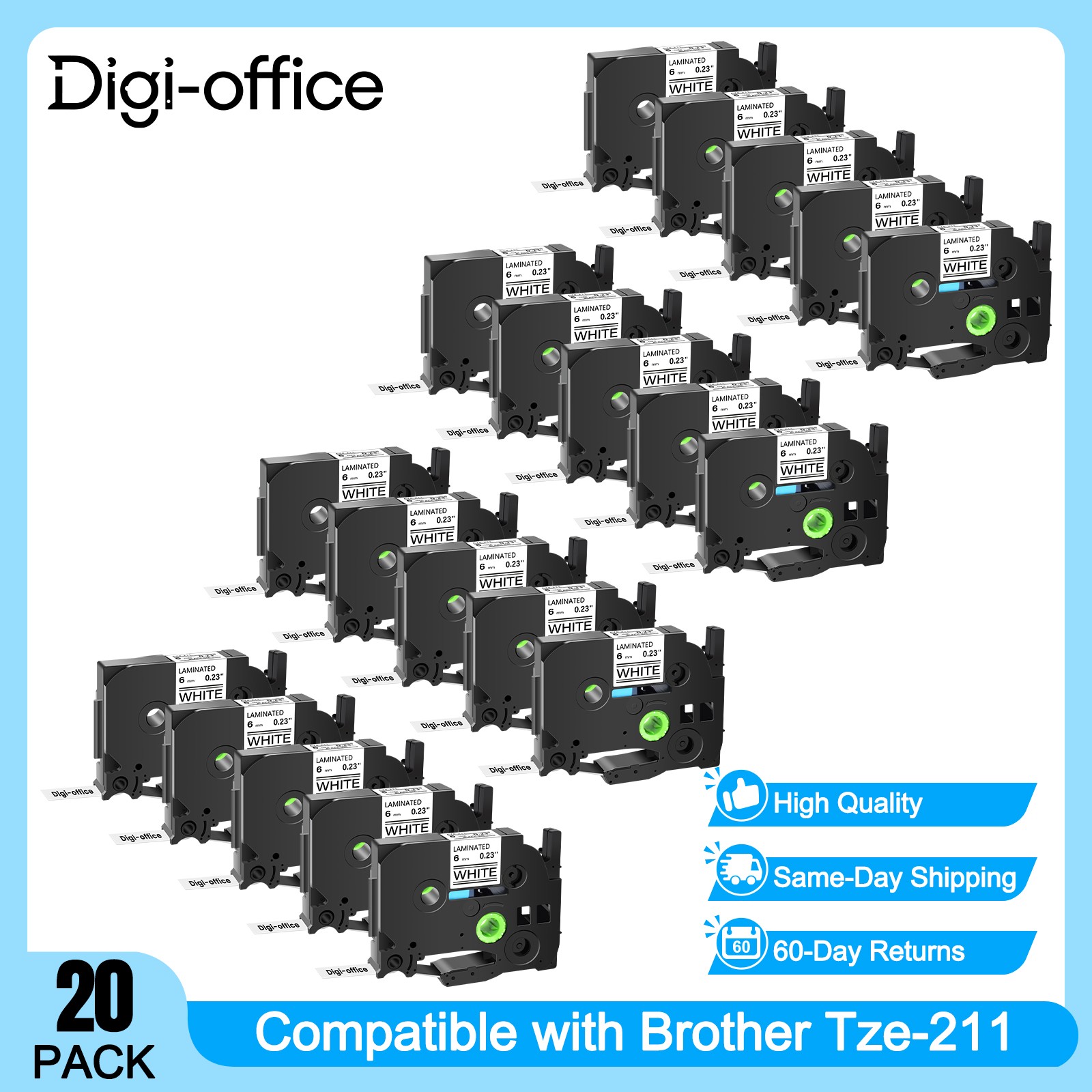 20PK Compatible with Brother P-Touch TZ211 Tze211 Black on White Label Tape 6mm
