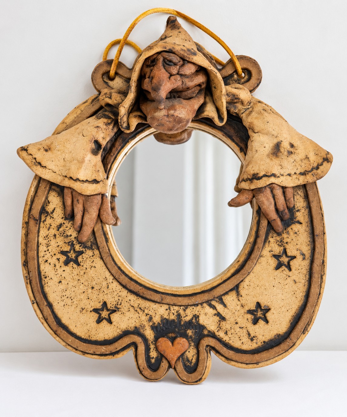 Vintage Handcrafted Clay Figural Wall Mirror Mindscape One Of The Kind 
