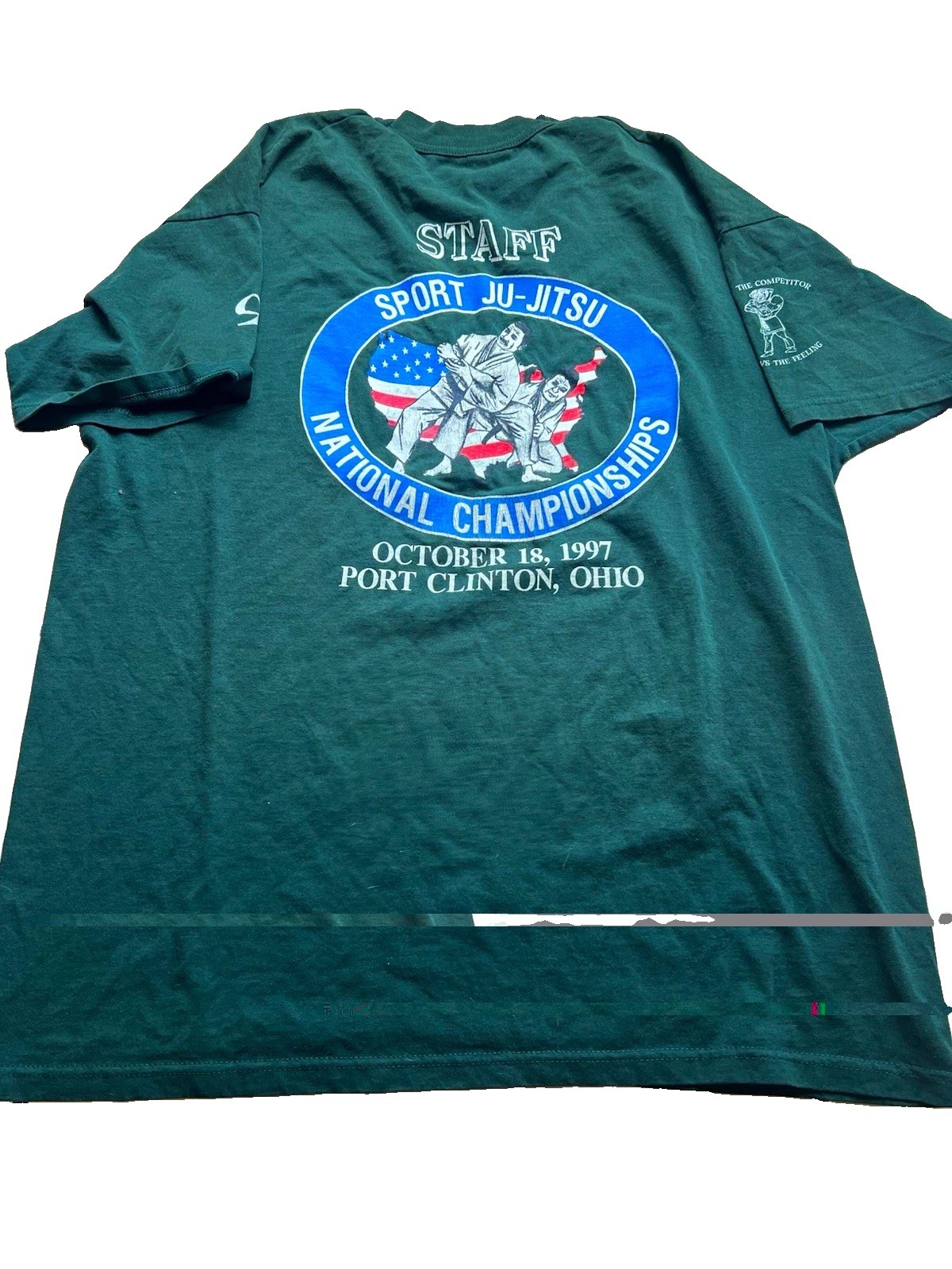 Rare VTG 90s Fruit of the Loom Best XL Green Sport Ju-Jitsu Staff Graphic Tee