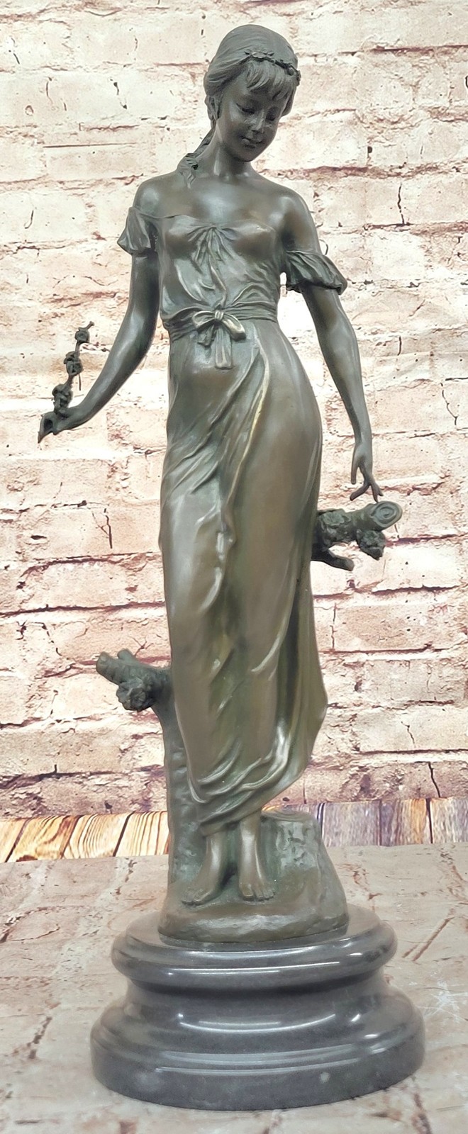 Signed Moreau Young Woman with a Long Stem of Flower 100% Solid Bronze Decor