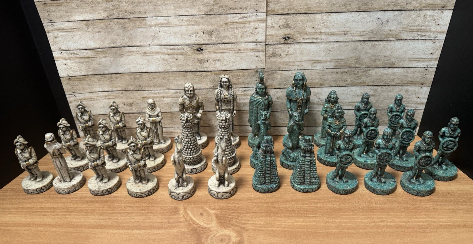 Vintage Aztec Mayan Spanish Conquistadors Stone Chess Pieces Set
