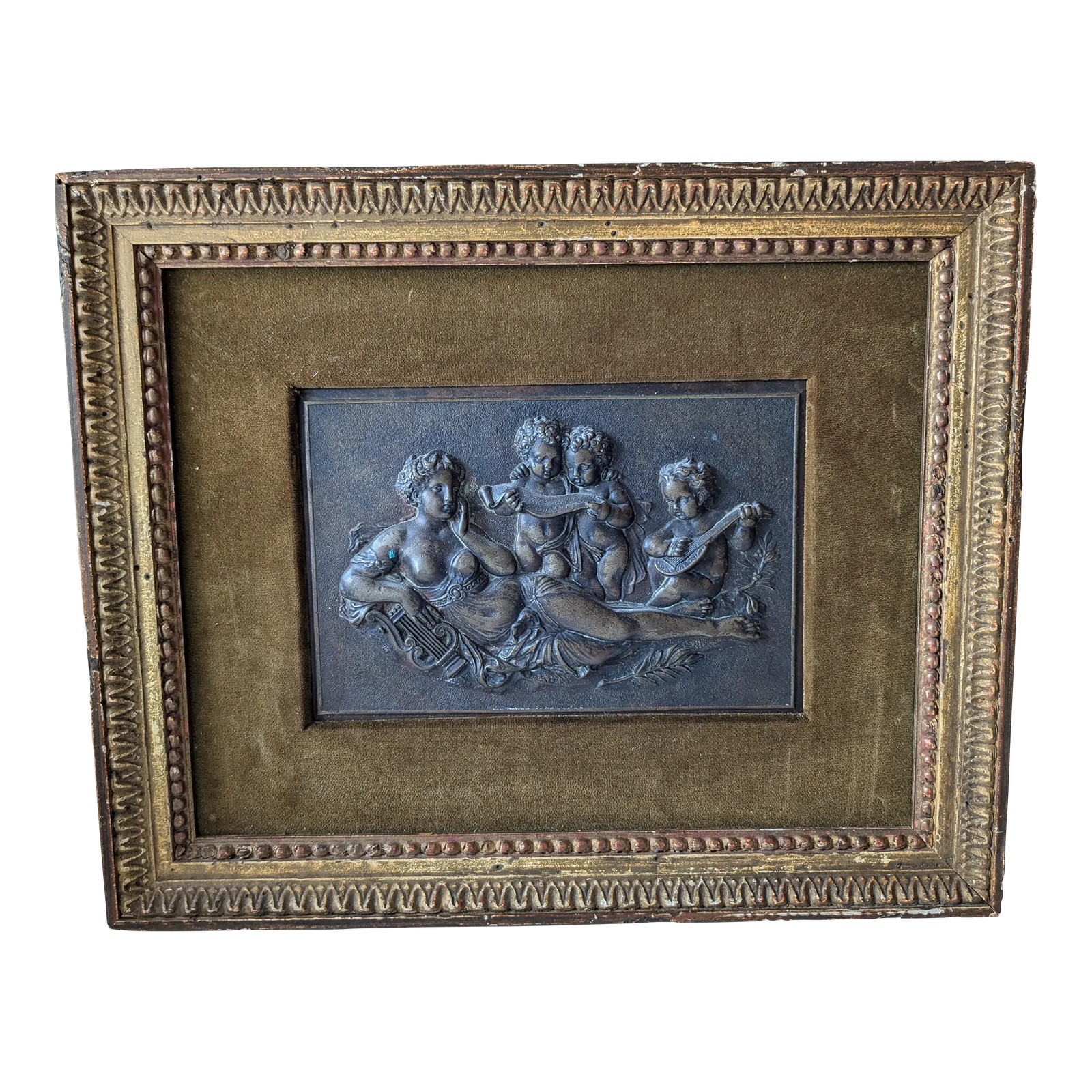 Early 19th Century Patinated Bronze Cherub Plaque – Framed Early 19th Century Patinated Bronze Cherub Plaque – Framed