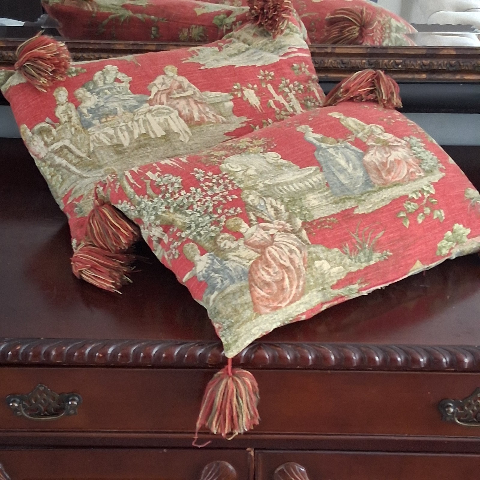 TWO Vintage Red Tapestry Throw Pillow Tassels Renaissance Aubusson French Style TWO Vintage Red Tapestry Throw Pillow Tassels Renaissance Aubusson French Style