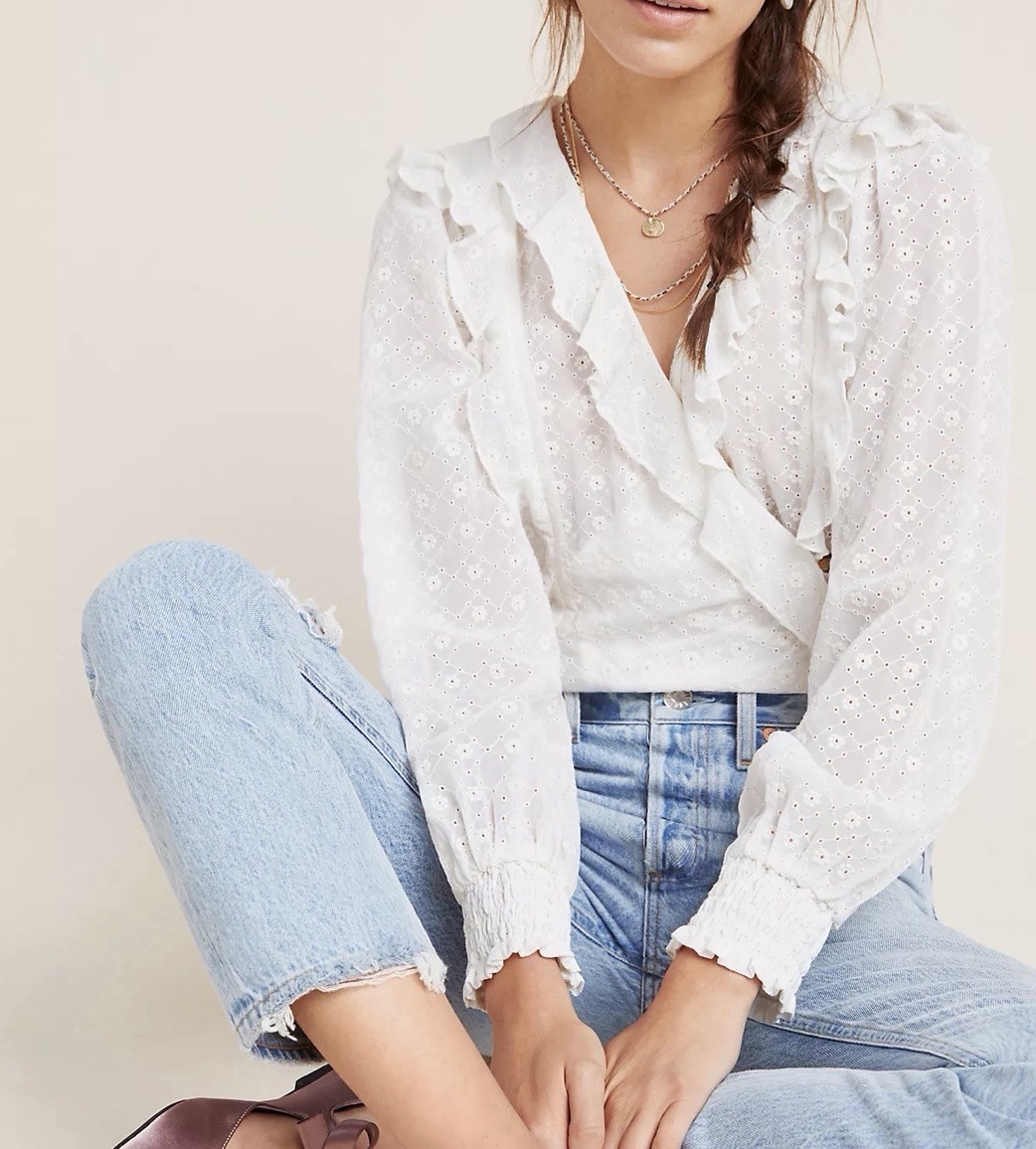 Anthropologie Maeve Laila Ruffled Blouse white eyelets and floral embroidery 4 Anthropologie Maeve Laila Ruffled Blouse white eyelets and floral embroidery 4