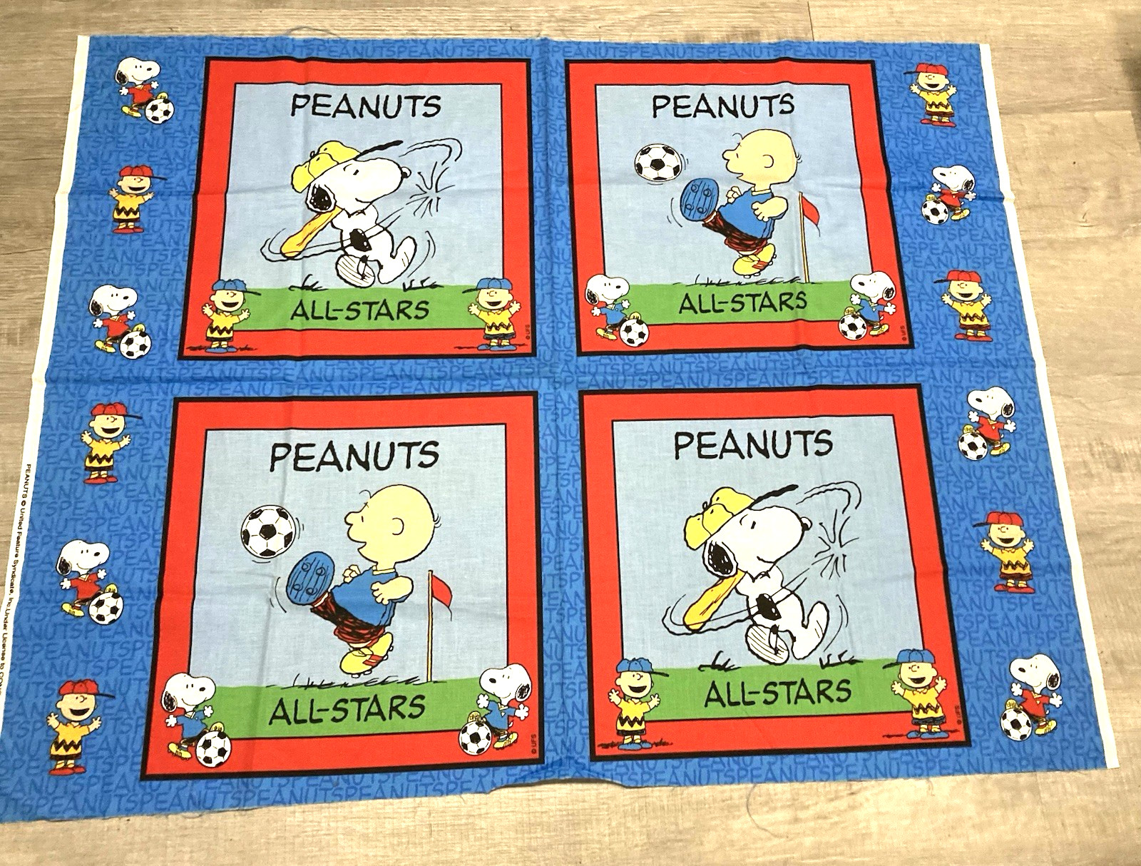 Vintage Peanuts Charlie Brown Snoopy All Stars Fabric Panels - 4 Panels