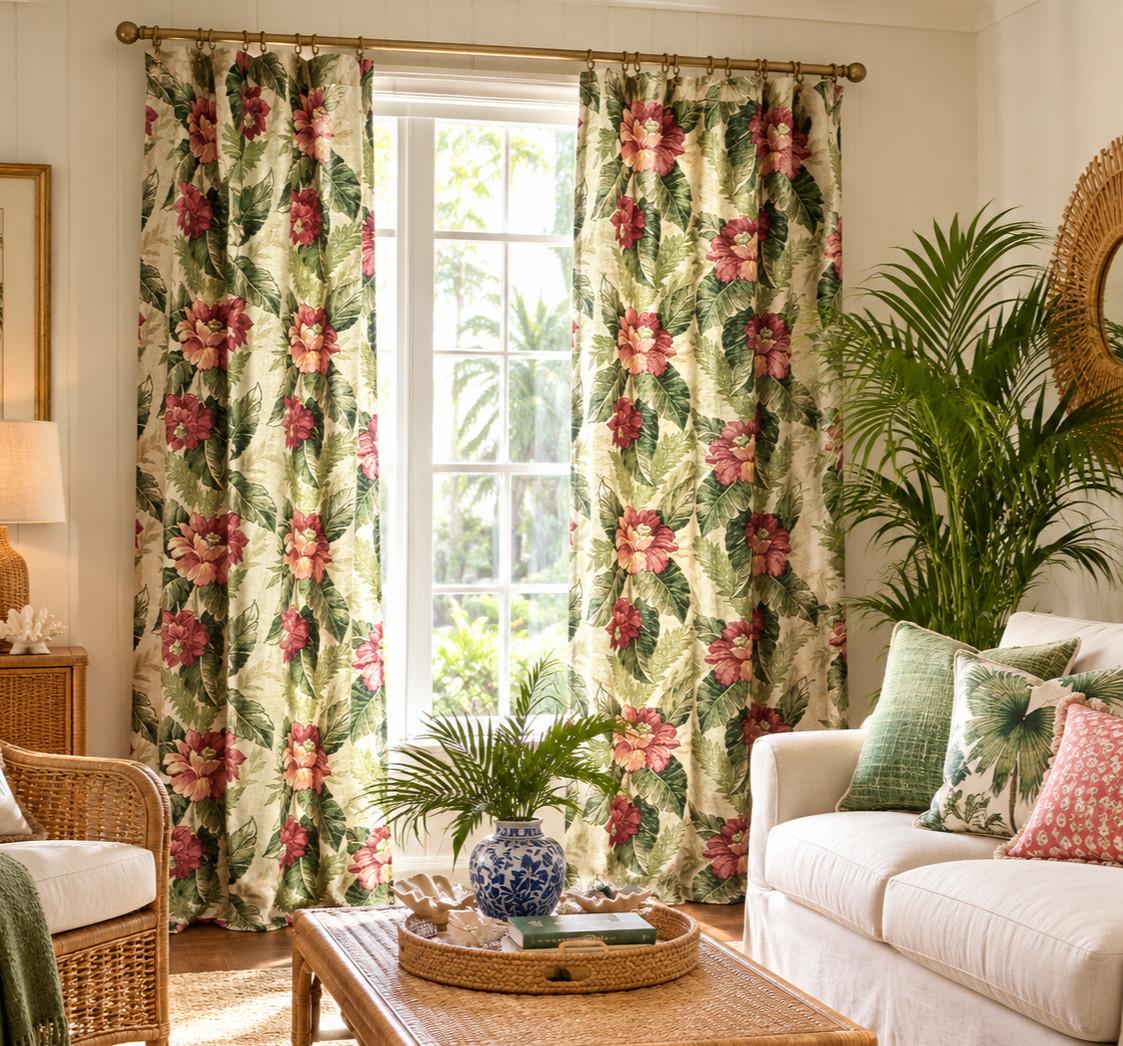 Vtg MCM Barkcloth 2 Curtain Panels Tropical Floridian Hawaiian Hibiscus 47 x 88 Vtg MCM Barkcloth 2 Curtain Panels Tropical Floridian Hawaiian Hibiscus 47 x 88