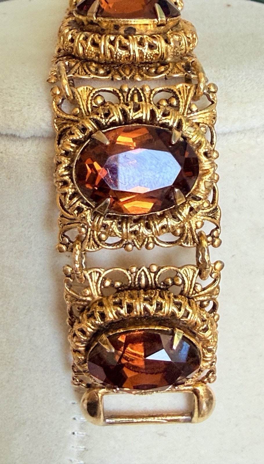 1950’s Heavily Cast Gold P Link Bracelet Filigree Amber Glass Pronged Setting 8”