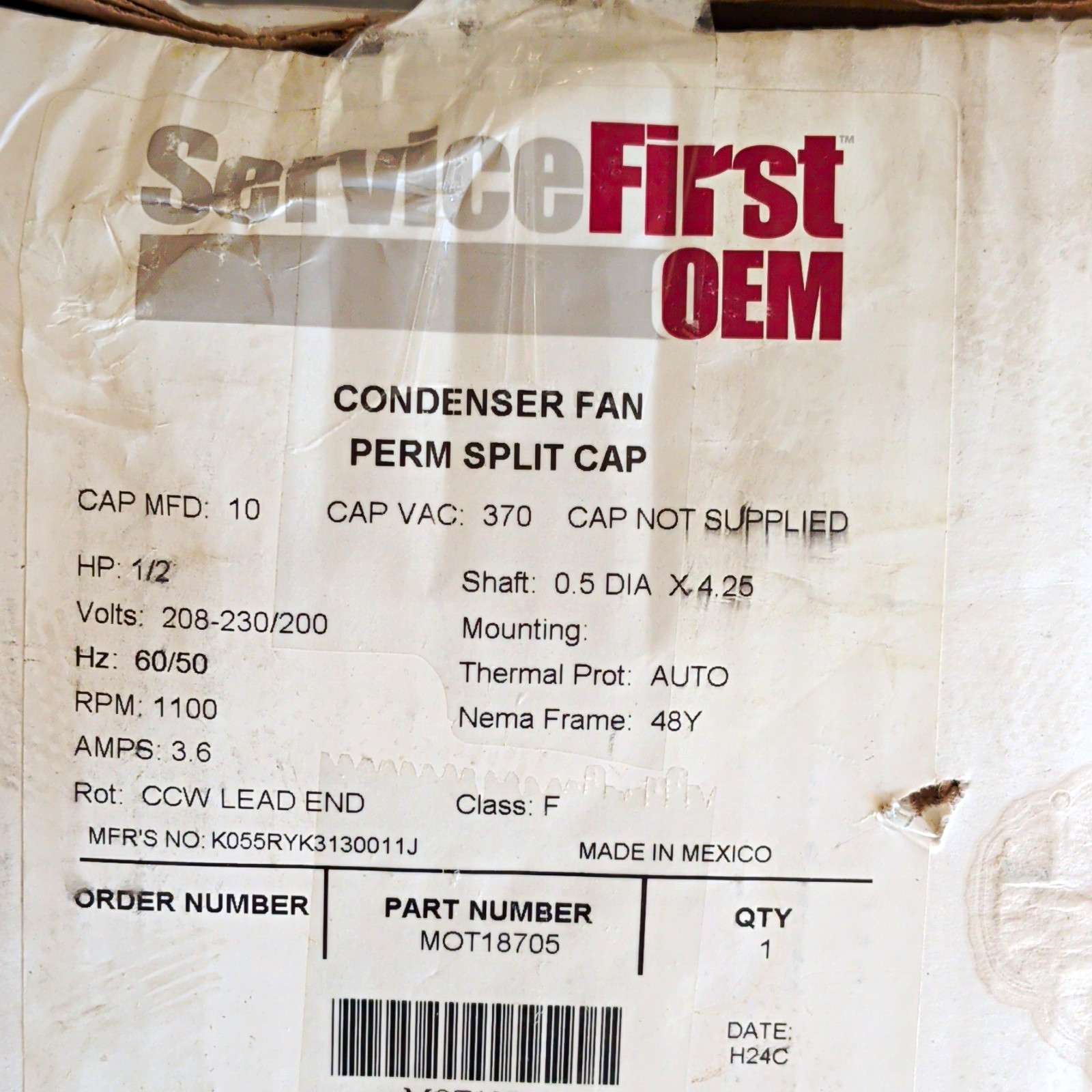 ServiceFirst OEM MOT18705 Condenser Fan Motor 1/2 HP 208-230/200V 1100 RPM ServiceFirst OEM MOT18705 Condenser Fan Motor 1/2 HP 208-230/200V 1100 RPM