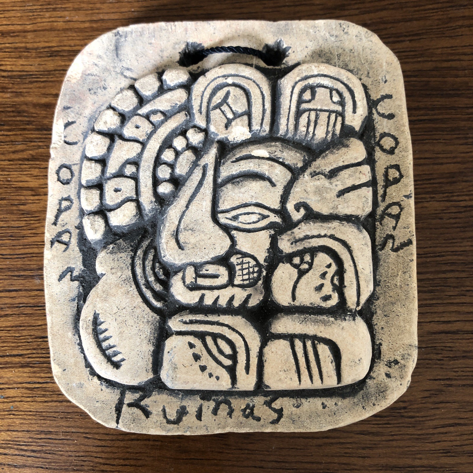 Vintage Clay Stone Slab Hieroglyphic Mayan God Copan Ruinas Honduras Signed