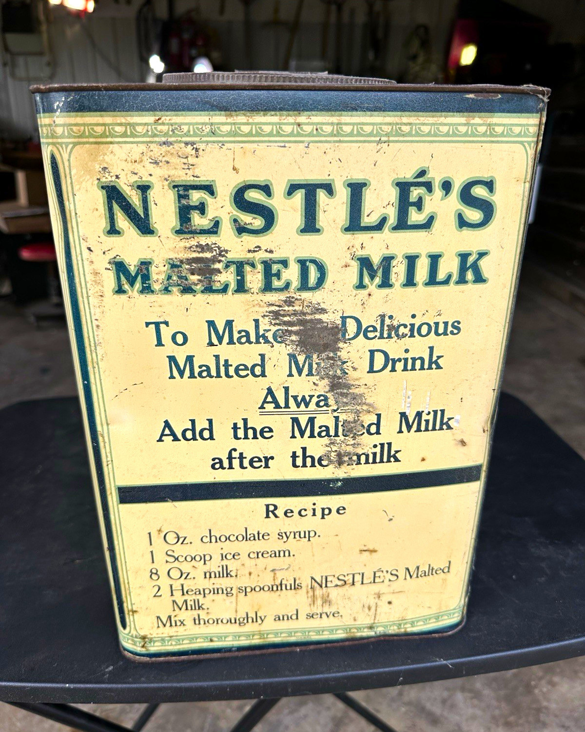 Nestlé's Vintage Malted Milk Advertising Tin Can, 25 lbs, Beige/Green