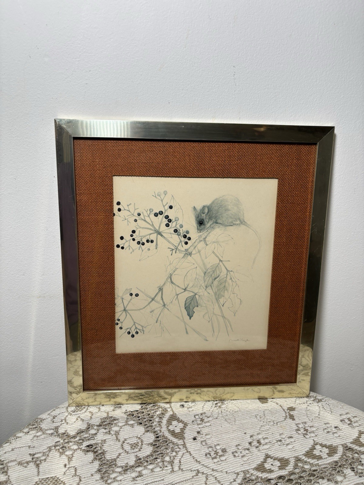 Vintage Mouse Botanical Drawing Signed Maud Stang 1970s Framed