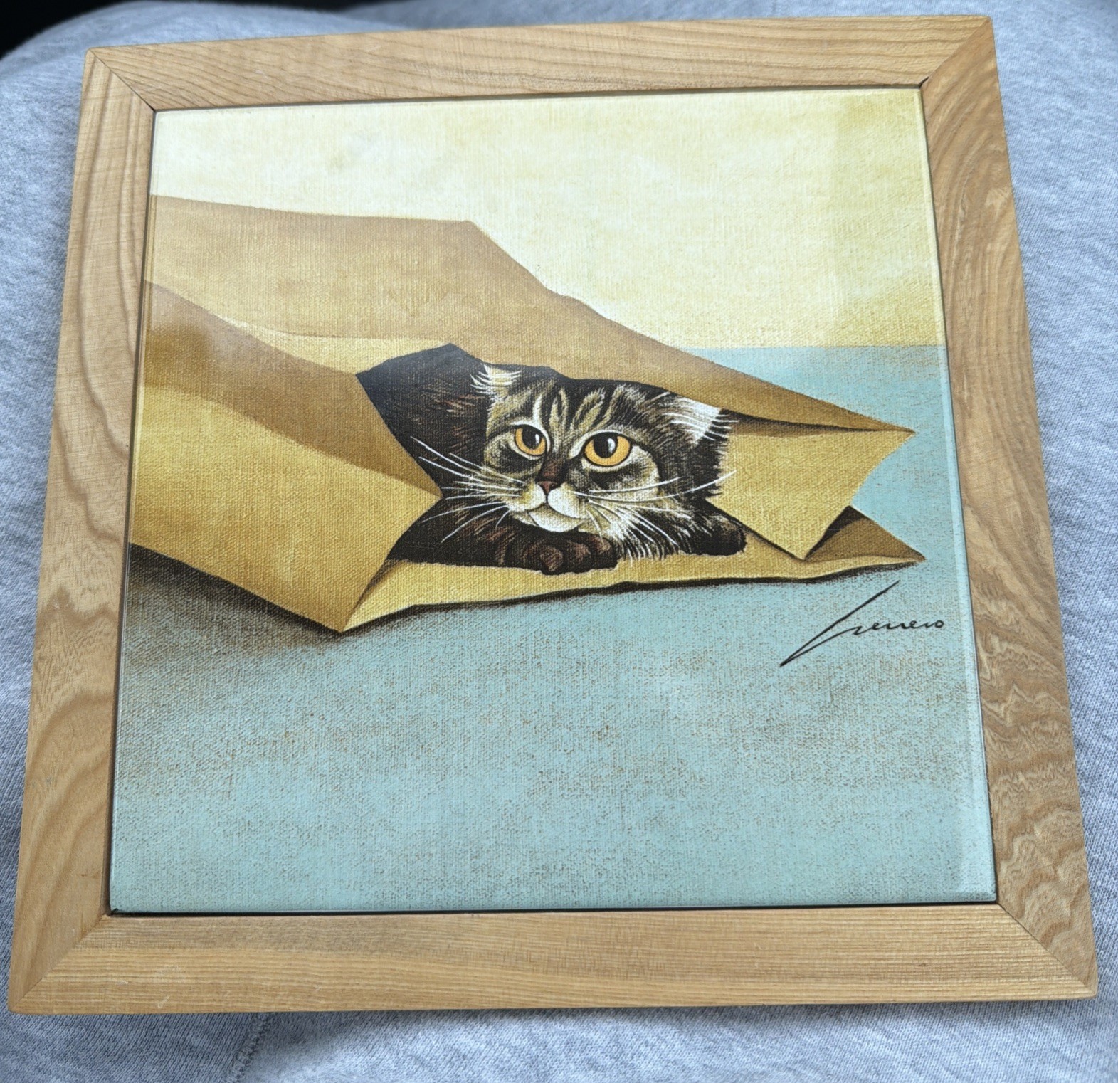 Lowell Herrero 1982 Cat In A Bag Framed Tile Wall Hanging VTG 9.5 Lowell Herrero 1982 Cat In A Bag Framed Tile Wall Hanging VTG 9.5