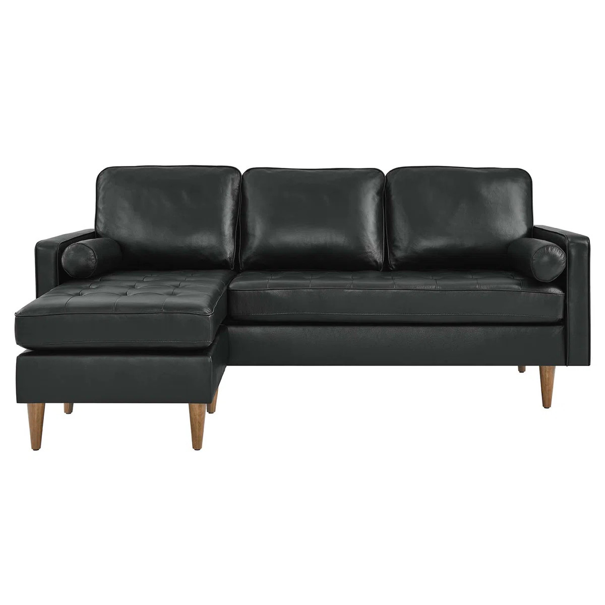 Mid-Century Modern Black Leather 3-Seat Apartment Sectional Sofa 78 in