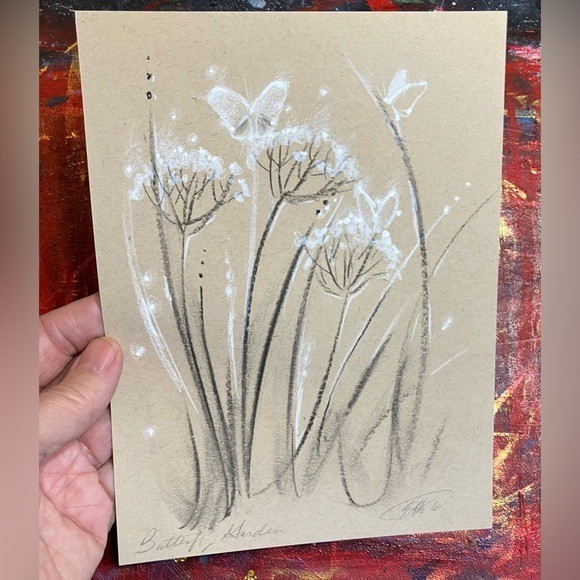 ORIGINAL Butterfly Painting Art Charcoal pastel illustration Floral Artwork