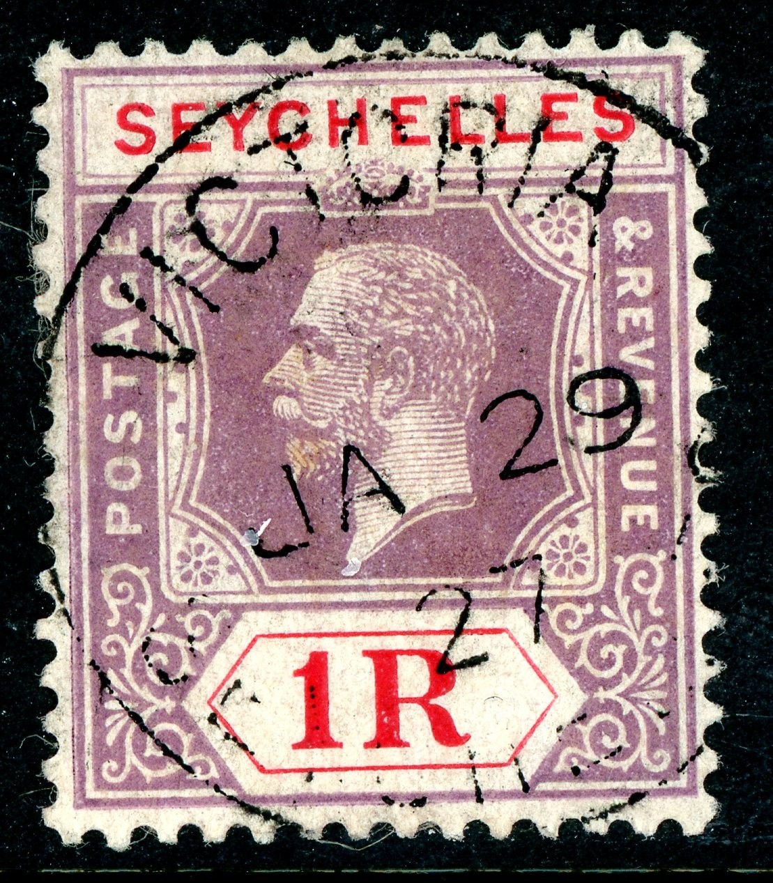 British Colony 1921 Seychelles KGV   1R Purple  CANCEL SG # 119 VFU B47