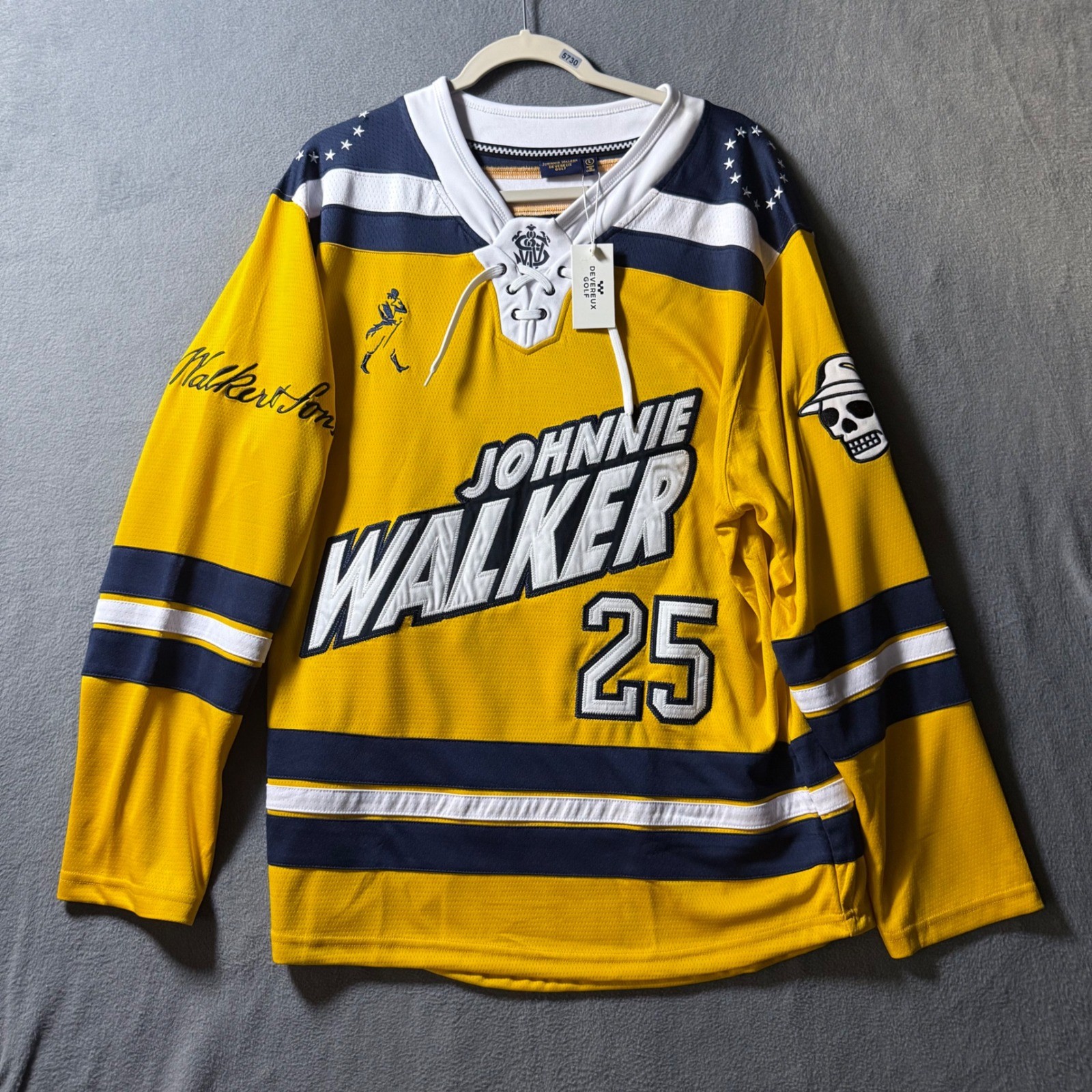 Devereux Golf Johnnie Walker Hockey Jersey Yellow Navy Lace Up Mens L NEW
