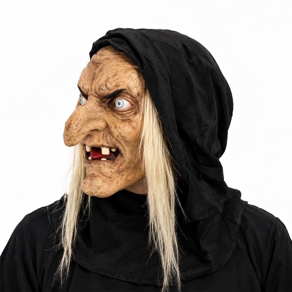 Halloween Witch Mask Creepy Old Woman Full Head Latex Cosplay with Black Hood