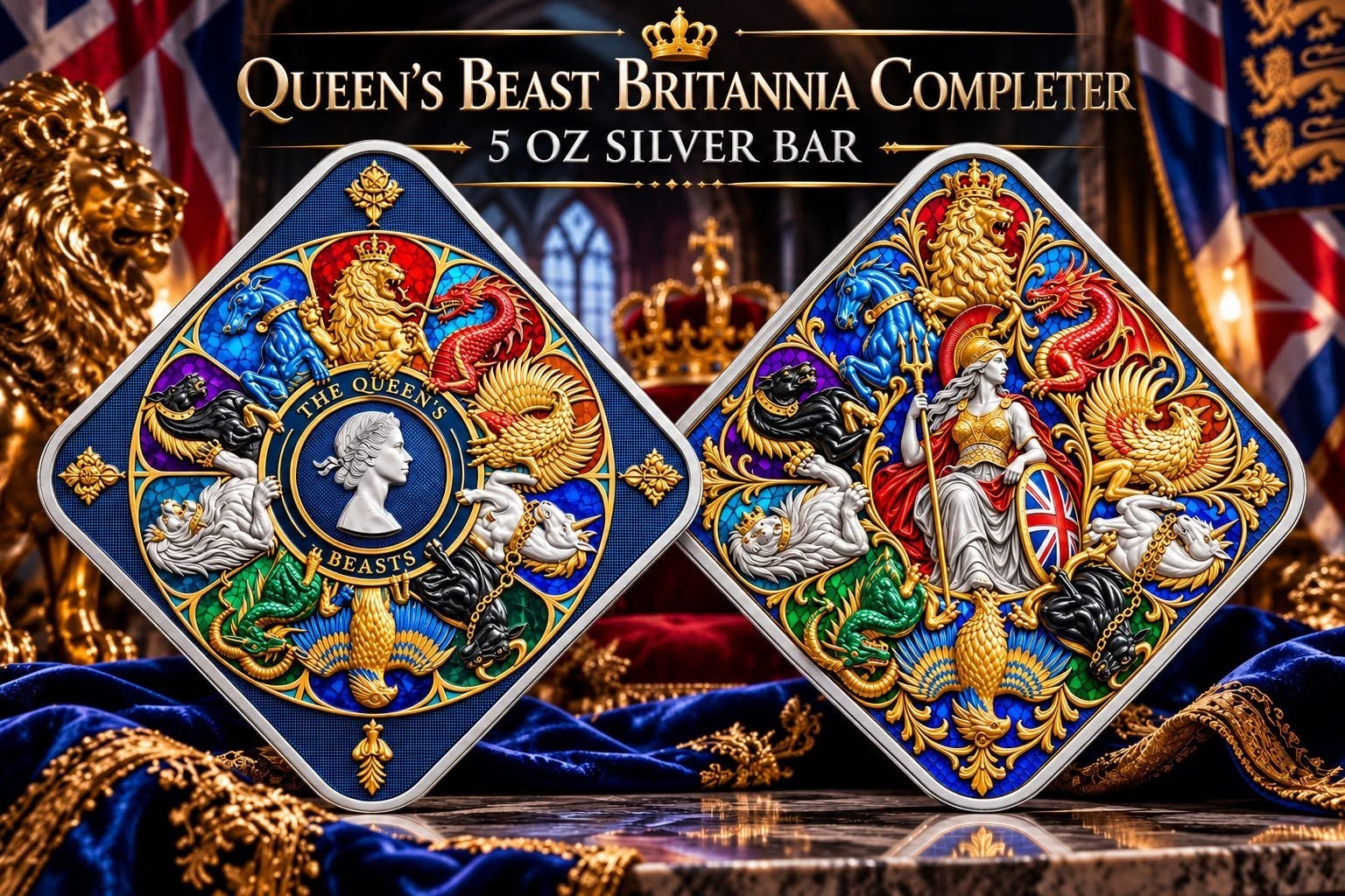 *PRESALE* Rare 5oz Color Britannia Queen\'s Beasts Completer Bar .999 Silver