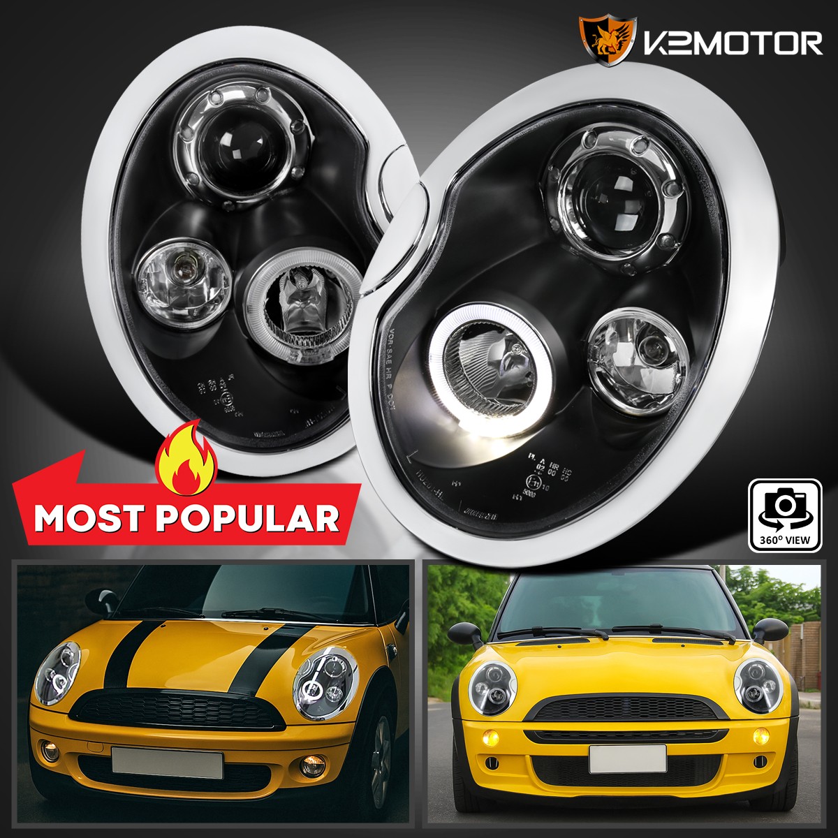 Black Fits 2002-2006 Mini Cooper S Replacement LED Halo Projector Headlights Black Fits 2002-2006 Mini Cooper S Replacement LED Halo Projector Headlights