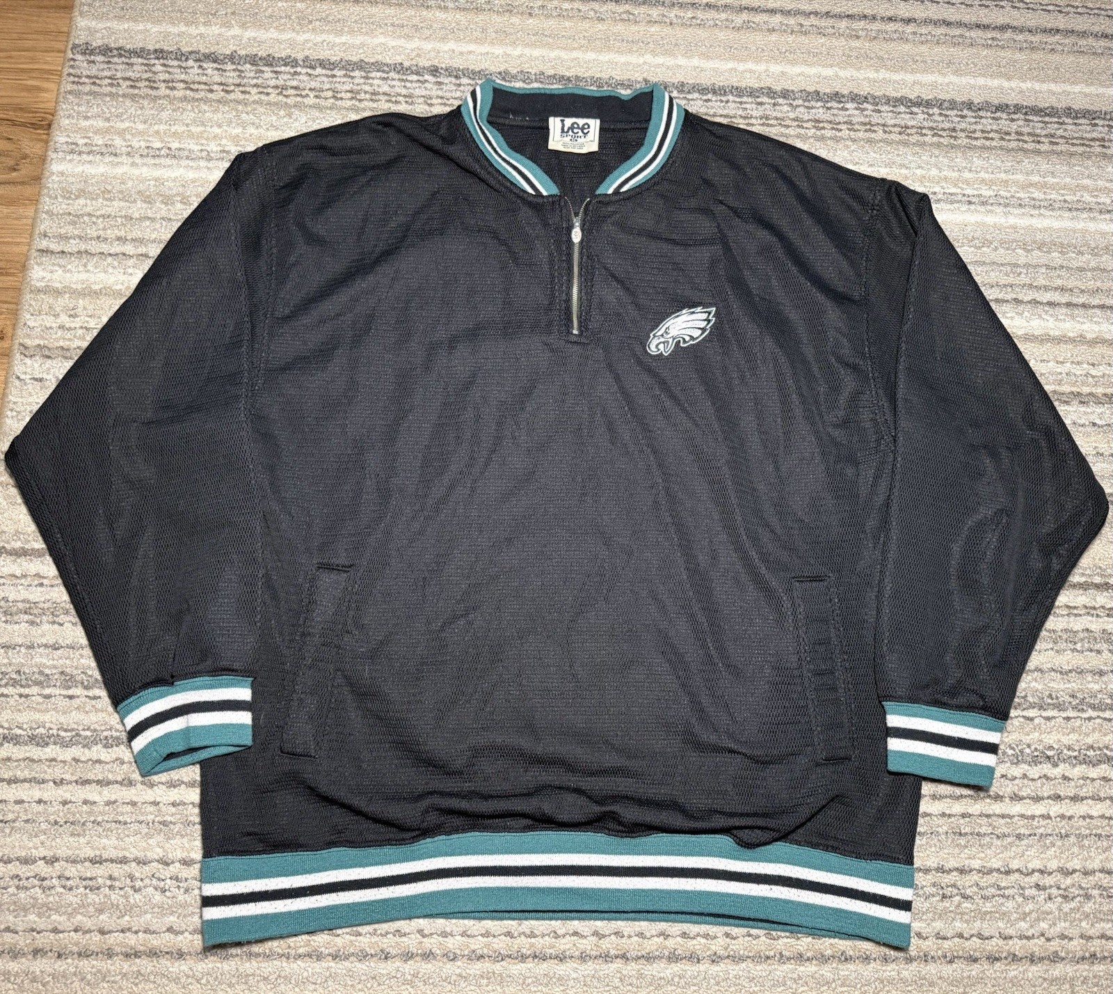 Vintage 90S Philadelphia Eagles Pullover Windbreaker Lee Sport Black 1/4 Zip XL