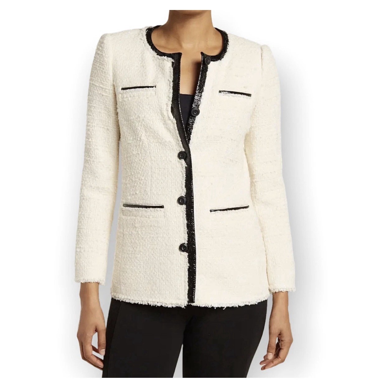 Rebecca Taylor Boucle Tweed Blazer Womens 2 White Faux Leather Trim Quiet Luxury
