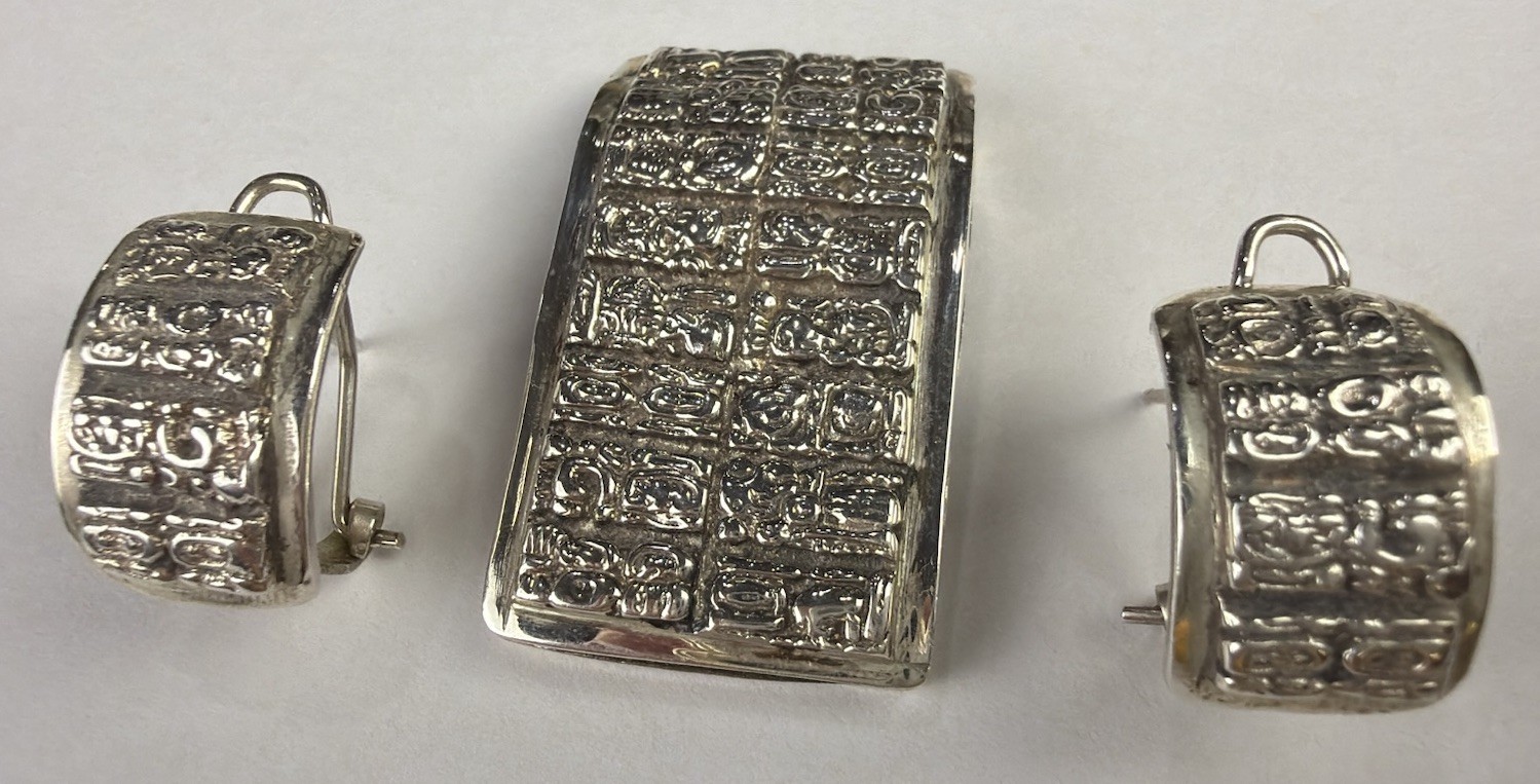 Vintage Egyptian Revival Hieroglyphics Symbols Pendant Earrings Set 925 Signed