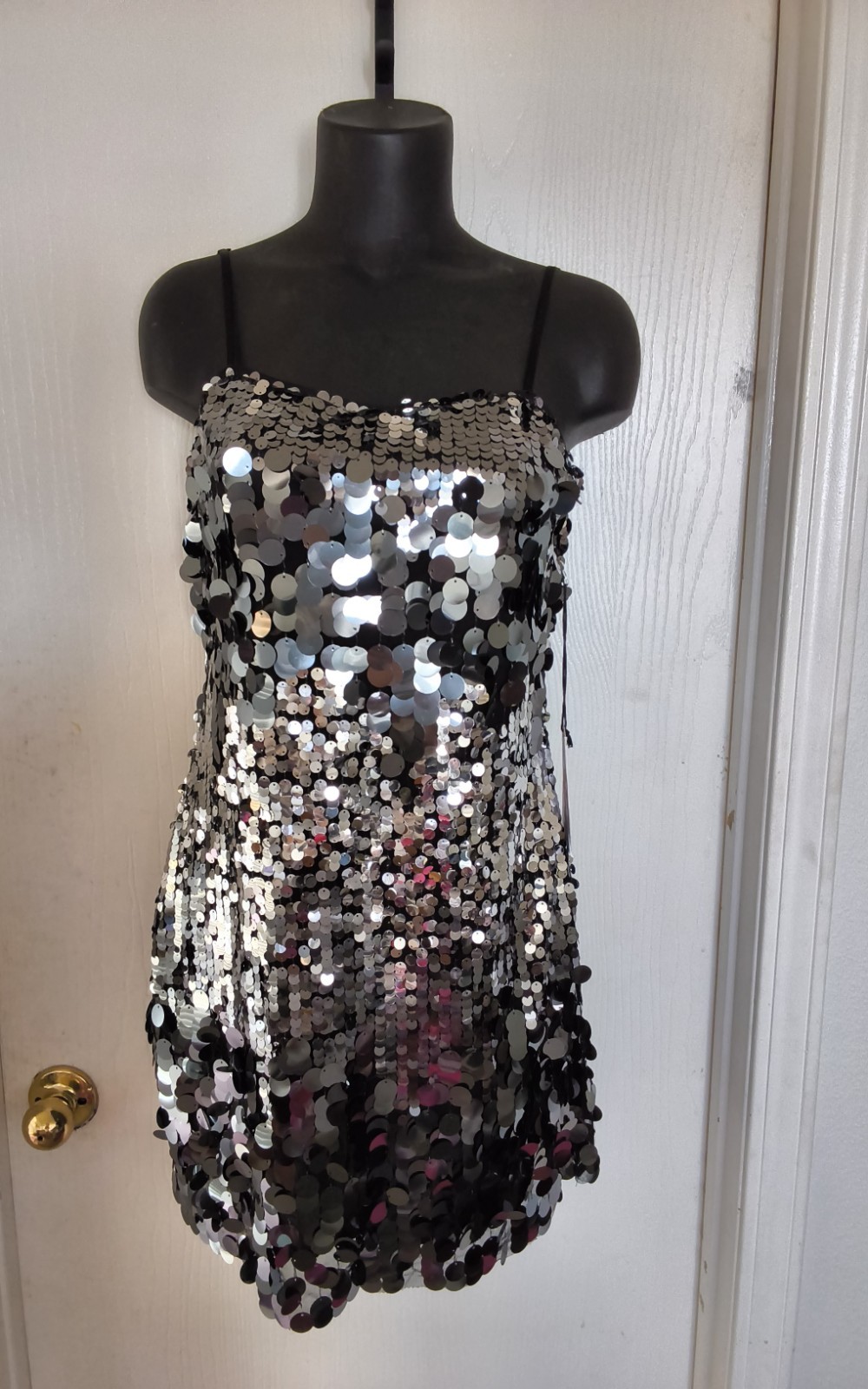 Crystal Sky Black Strappy Mini Dress filled with Multi-Sized Sequins - Medium Crystal Sky Black Strappy Mini Dress filled with Multi-Sized Sequins - Medium