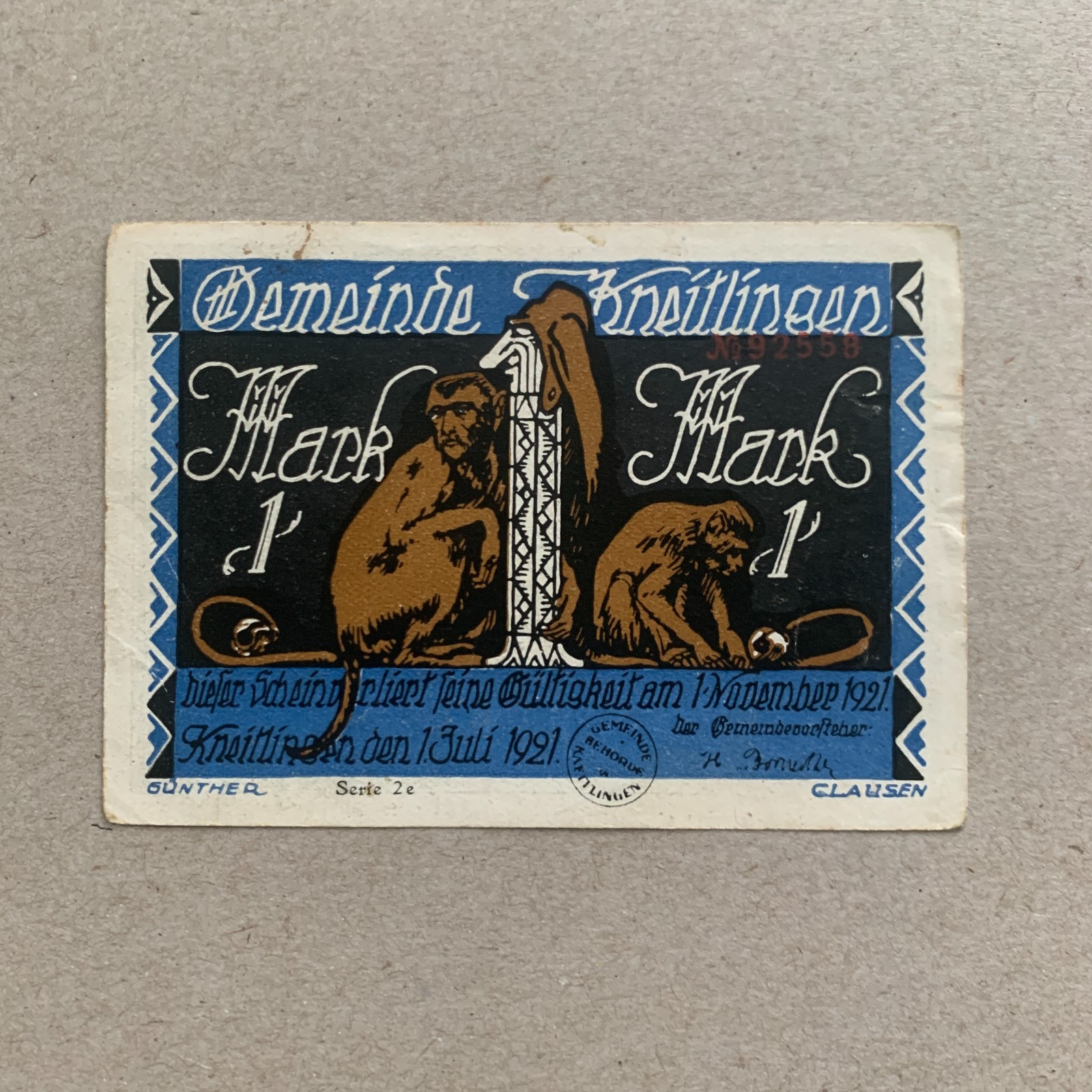 Monkeys - Germany Notgeld Banknote. Era Between WW1 WWI WW2 WWII German Currency