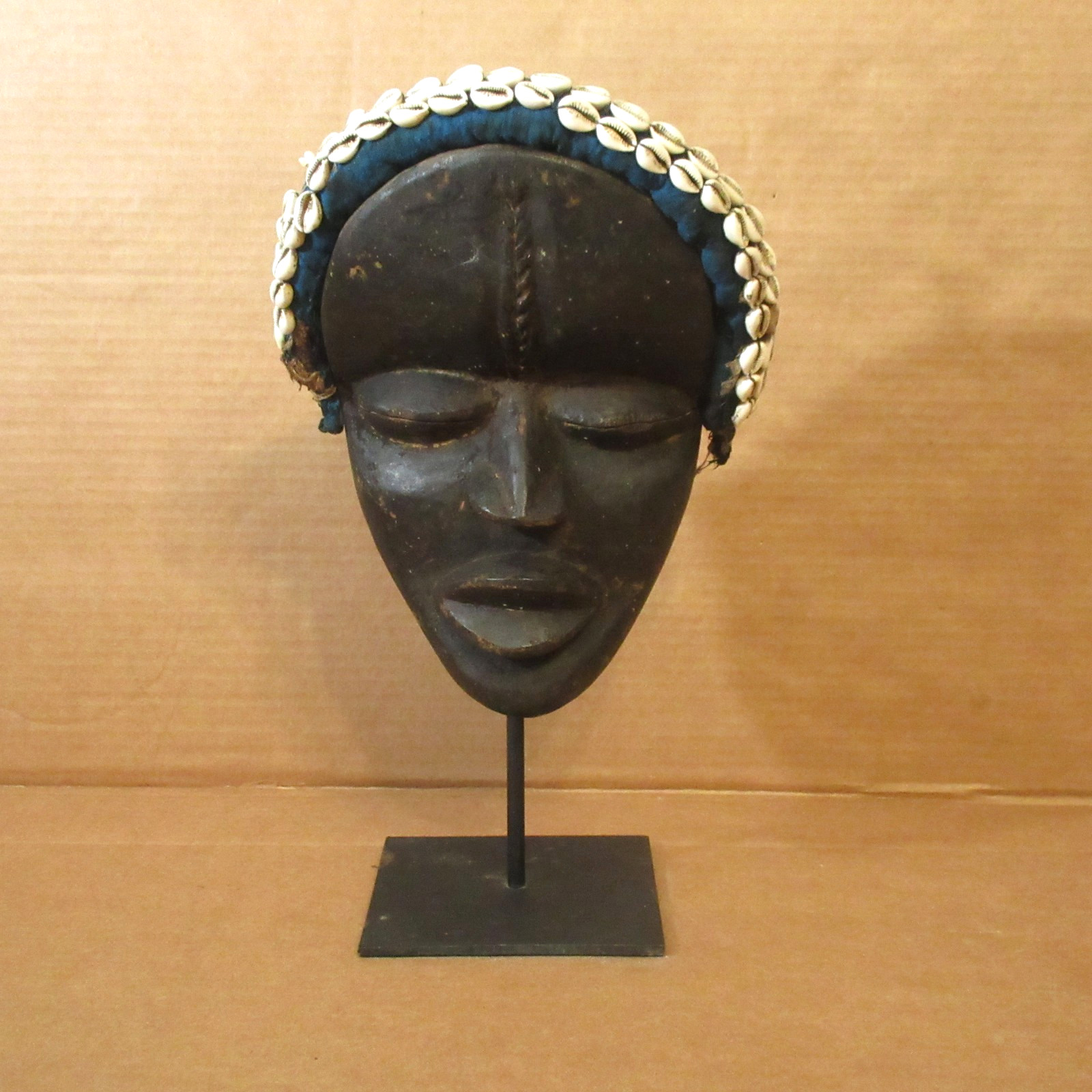 Antique Vtg Carved Wood African Dan Tribal Mask Cowrie Shell Ivory Coast w/Stand