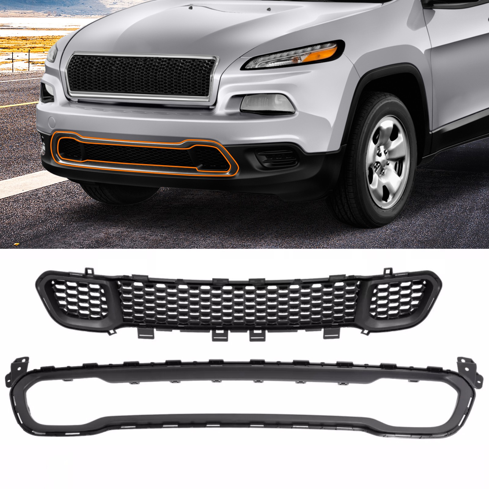 For Jeep Cherokee 2014-2018 Front Lower Bumper Cover Grille + Molding Trim Black